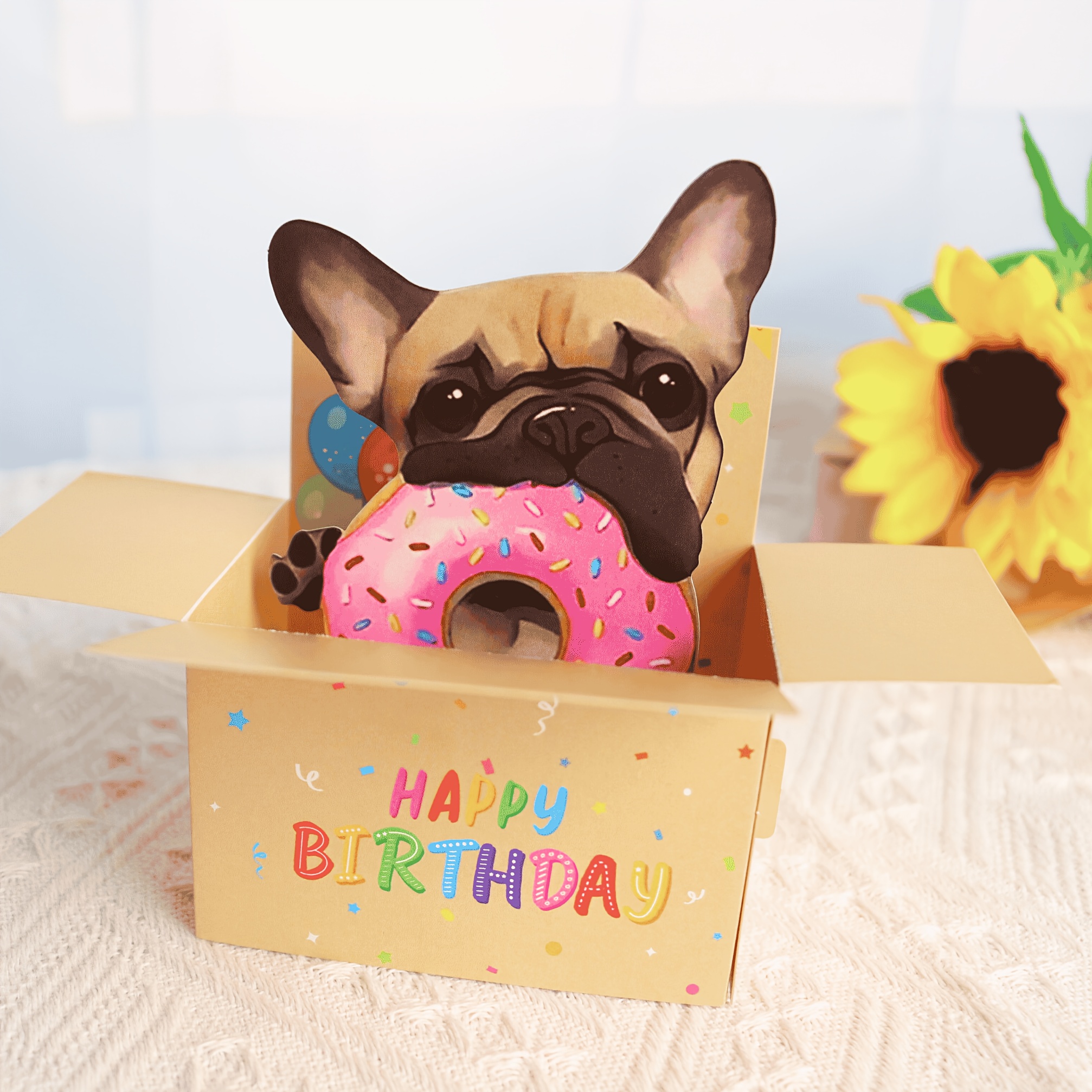 E-shop Französische Bulldogge Happy Birthday Pop-Up-Karte mit Umschlag, Frenchie Hound Karte, Party Einladungskarte, Partyzubehör