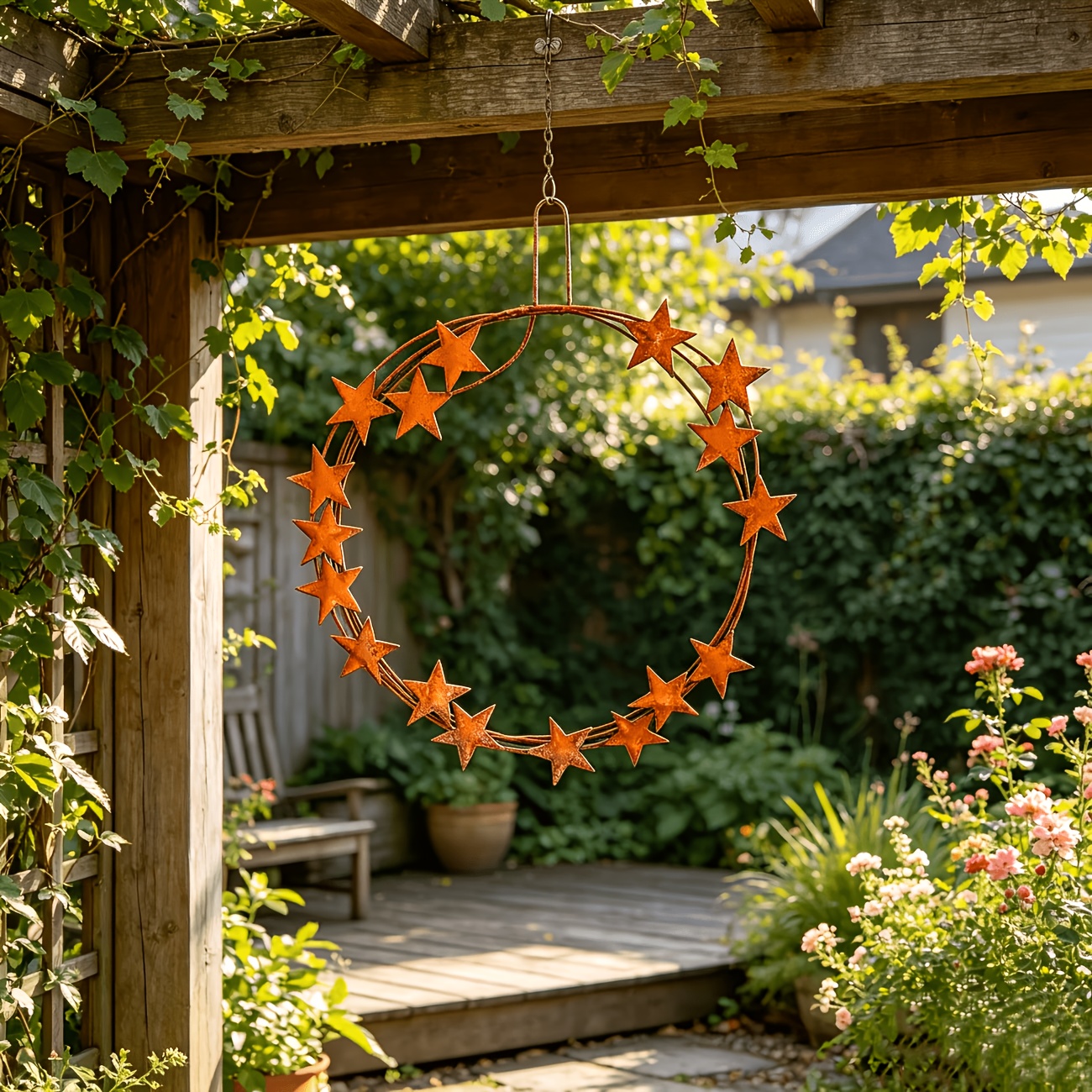 TEMU 【2d Flat】 [2d Flat] 1pc Vintage Metal Rusty Star Iron Wreath, Distressed Metallic Texture, Hanging For Yard Fence, Wall, Door, , Holiday Outdoor
