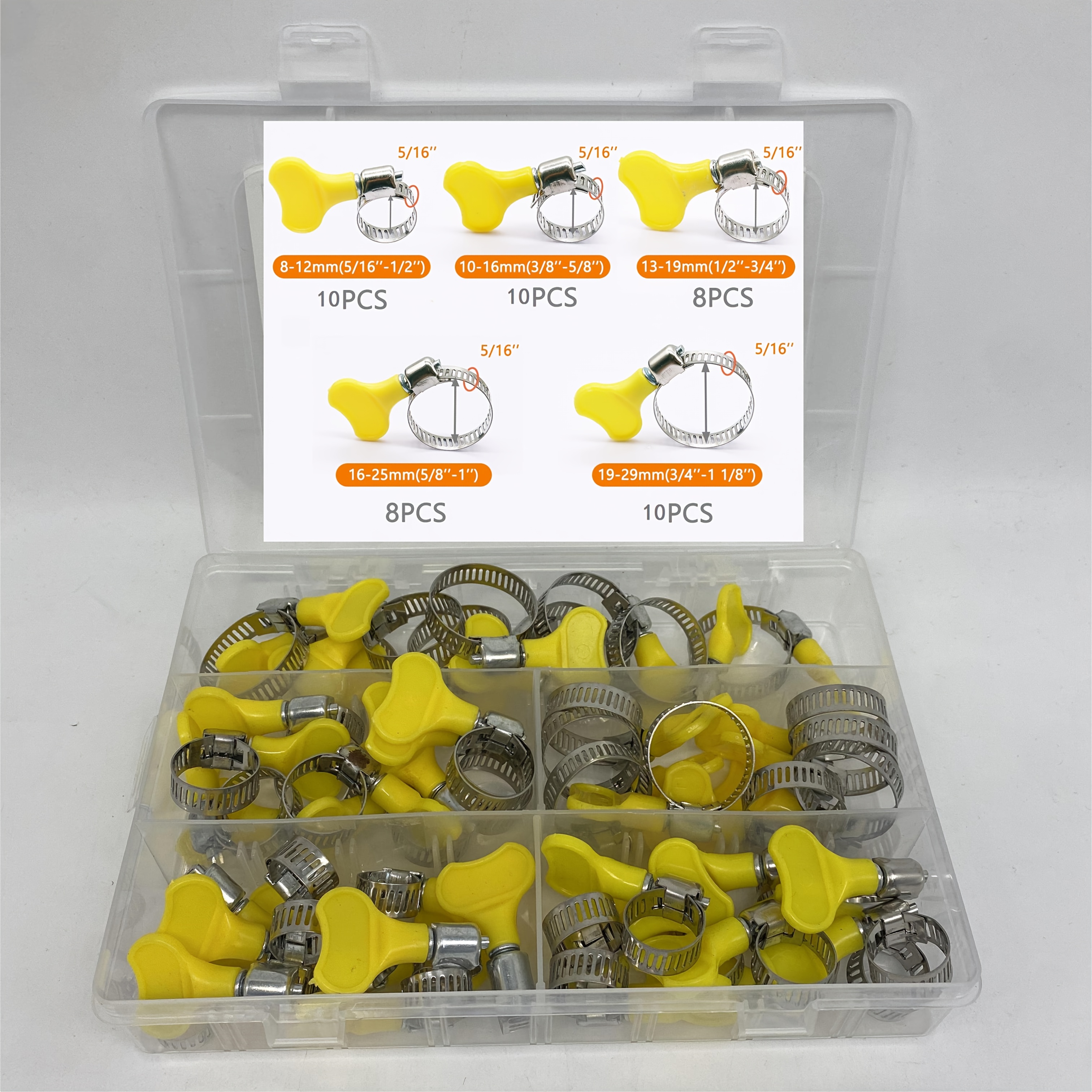 TEMU Kit d'assortiment de de serrage réglables de 46 pièces pour tuyaux de 8 à 29 mm, type clé, de serrage à vis fin en acier inoxydable avec poignée