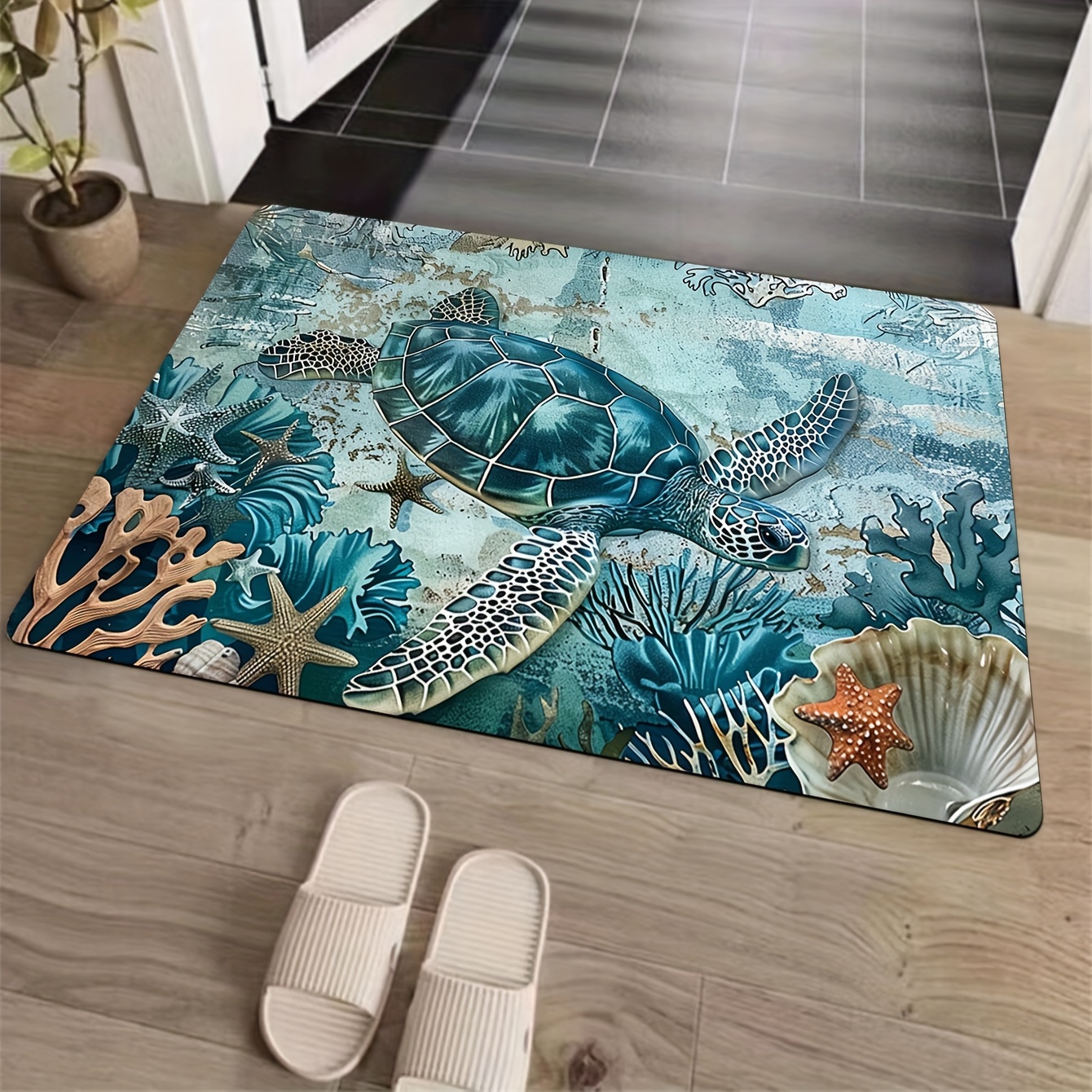 

Ocean Turtle Design Soft Thickened Doormat 8mm, Machine Washable Polyester Rectangle Rug For Kitchen, Bedroom, Living Room, Indoor Entrance - Non-slip Decorative Floor Mat