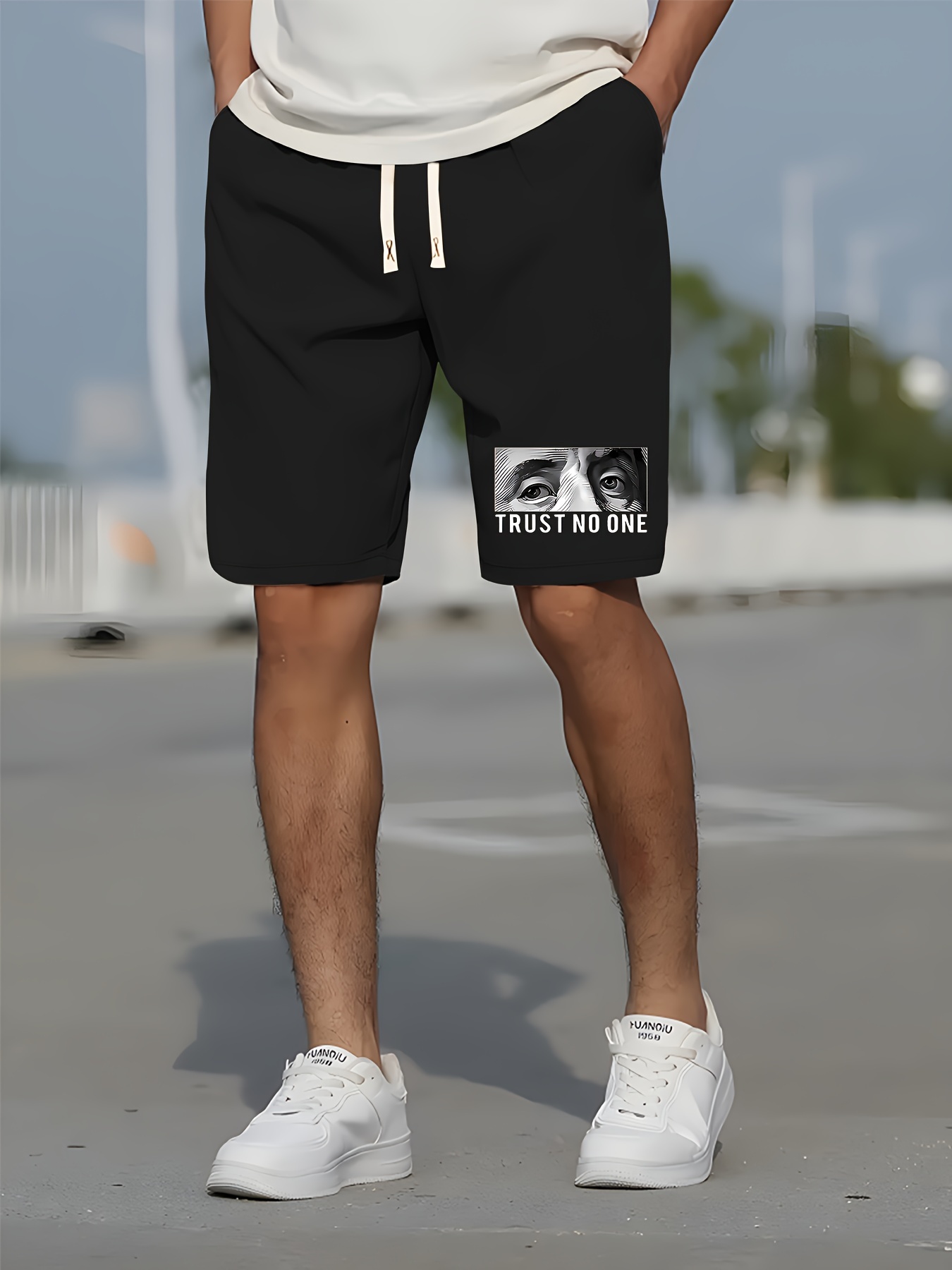Bear Pattern Letter Print Striped Quick Drying Comfy Shorts, Men's Casual  Waist Drawstring Shorts For Summer Fitness Beach Resort
