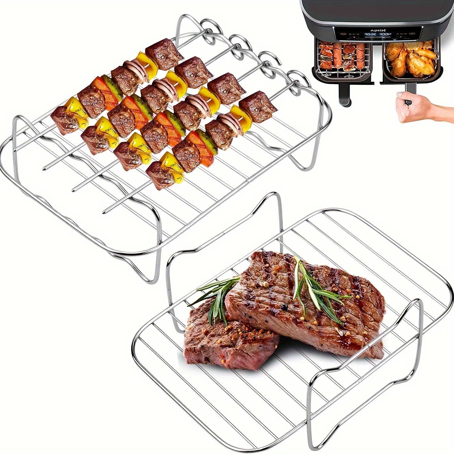 stainless steel air fryer accessories set with double layer rack skewer holder and steamer stand 4 skewers included multi functional   air fryer kit details 2