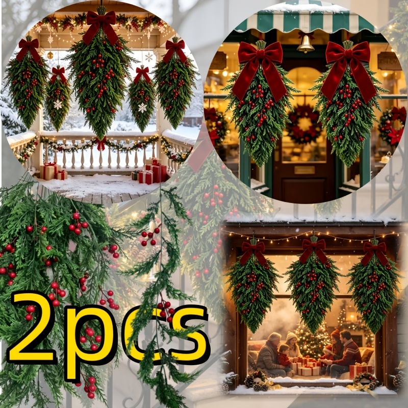 TEMU 2pcs Set Of Artificial Leaves With Red Berries , Featuring Fine And Dense Simulated Pine And Branches With Vibrant Red Berries, Fade-resistant