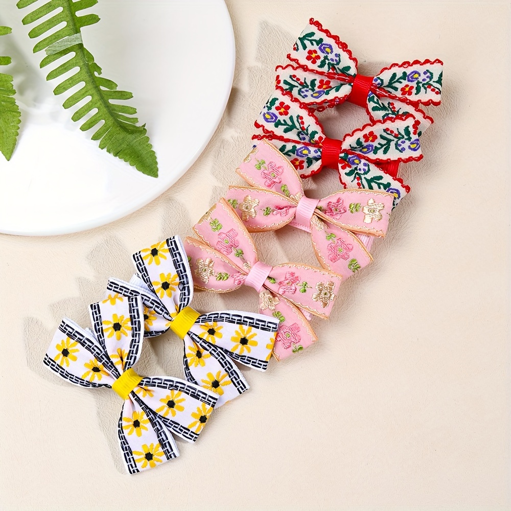 

2pcs Floral Embroidery Bow Hair Clips For Girls - Vibrant Pink, Red, & Yellow Polyester Hairpins With Ethnic Retro Design - School, Birthday Parties & Weddings, Hair Accessories For Girls