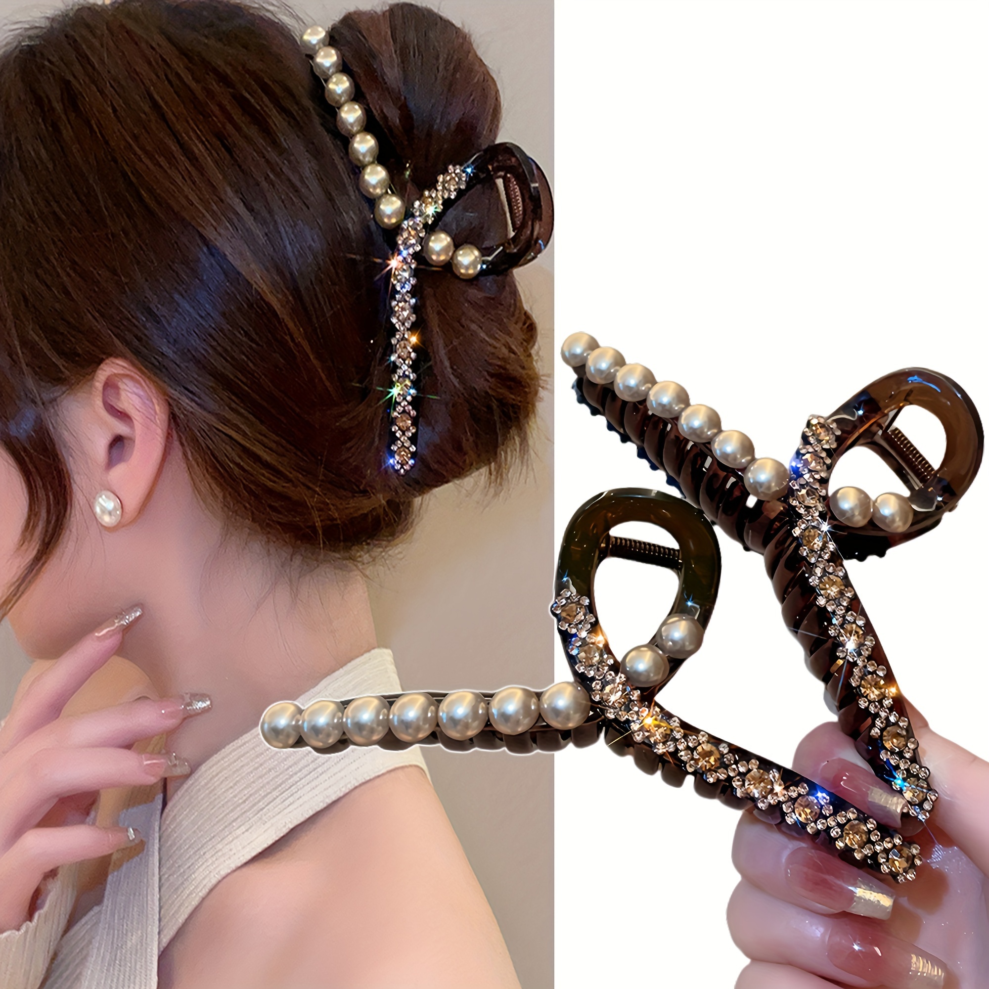 

Luxurious Brown & Pearl Large Hair Claw - Elegant Shark Clip For , Long Hair - Business Or Casual Wear - Ideal Christmas Gift