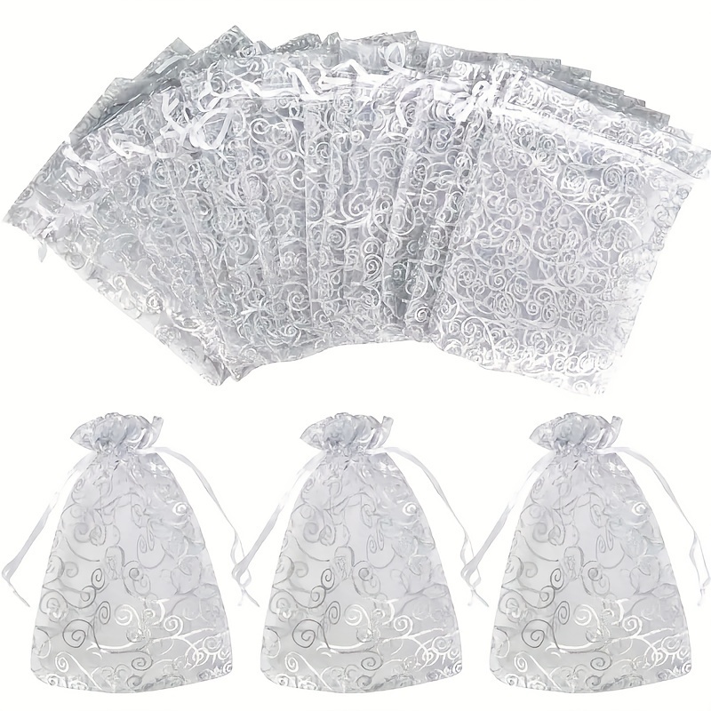 

100pcs, Silvery Sheer Organza Bag 3.54x4.72 Inch Mesh Favor Bags Drawstring Jewelry Rattan Printed Gift Pouches For Wedding Party Favors Baby Shower Christmas Gifts Candy Bags