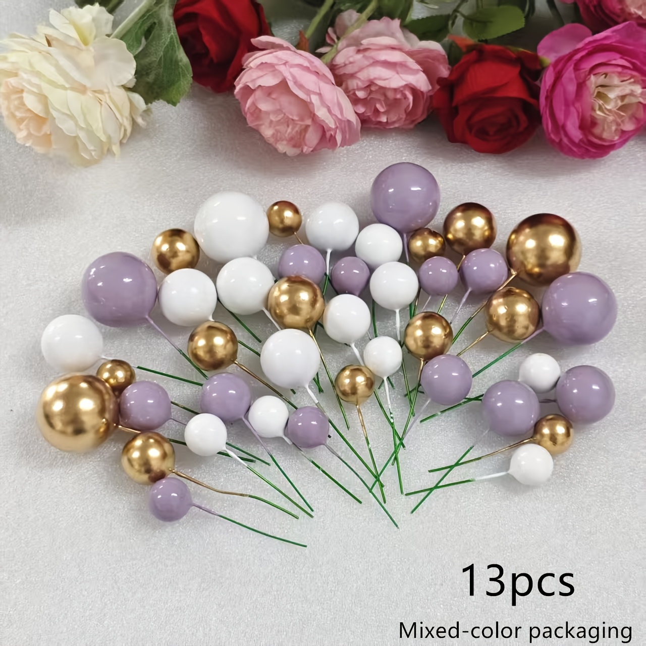 TEMU 13pcs, Golden/white/light Purple Random Mixed Pack Cake Decor Plugins, Suitable For Birthdays, Weddings And Engagements, Anniversaries, Mother's