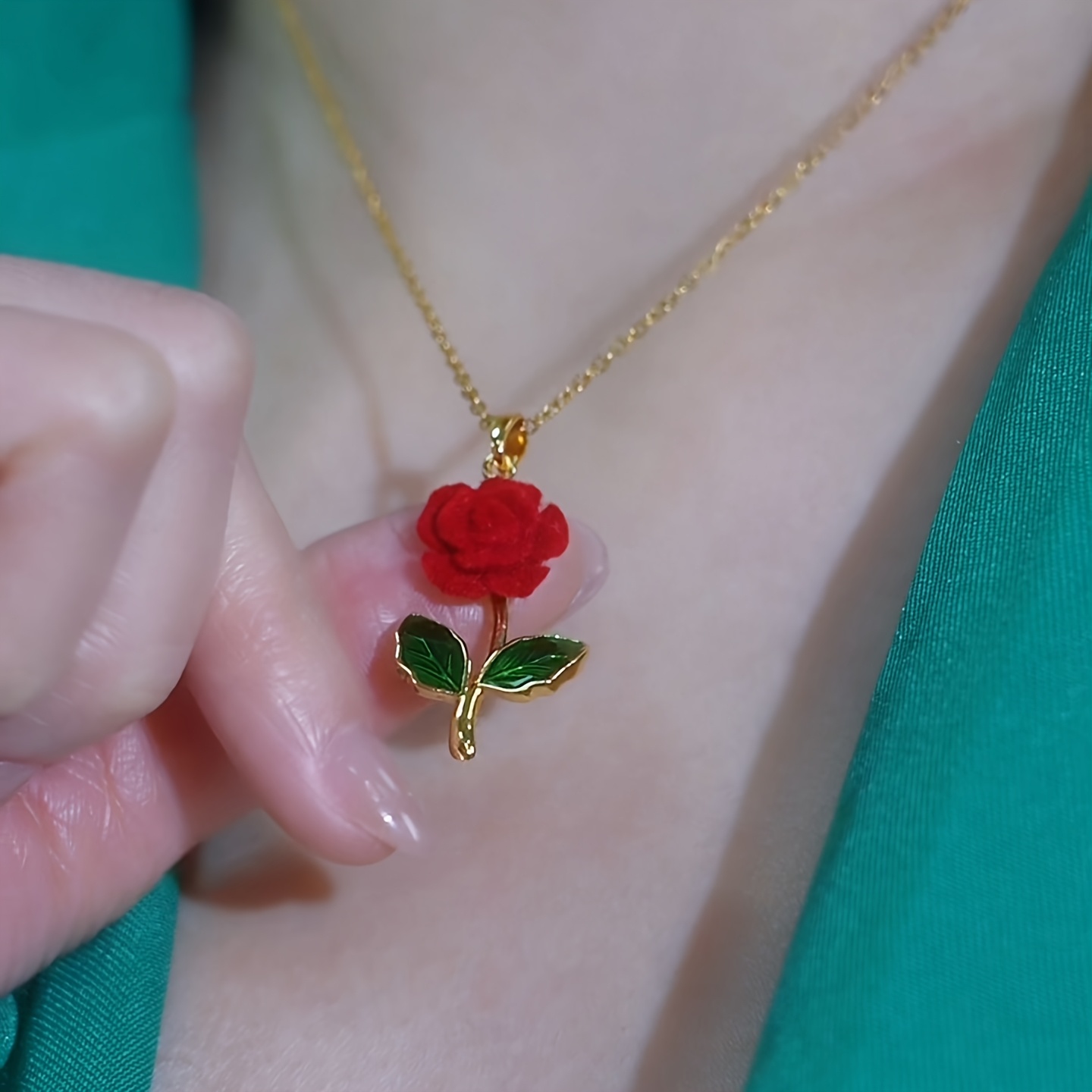 Women's Red Velvet Rose Pendant Necklace