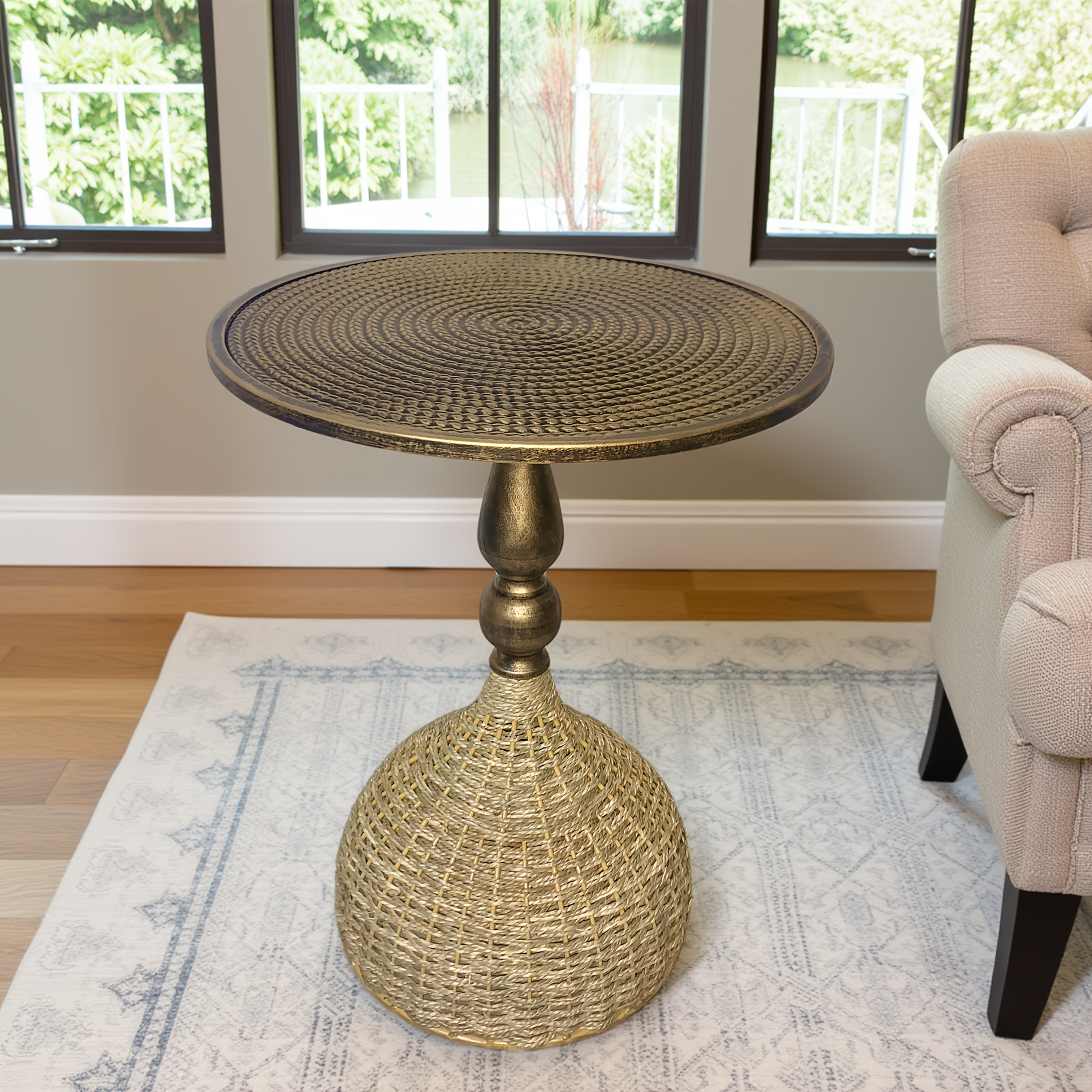 Handcrafted Wicker Iron Artistic Water Grass Rope Braided Tea Table Side Table Flower Rack Living Room Sofa Side Table Study Room Balcony Inn Outdoor Coffee House Bar, Garden Patio Bedroom Decoration