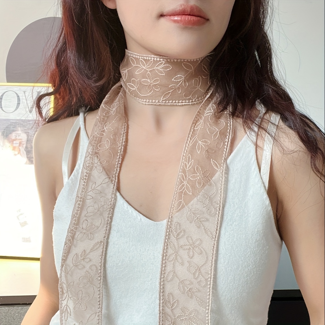 

1 Pc Women's Elegant Lace Long Scarf Ribbon Thin Sheer Neck Scarf For Spring Summer Fall, Versatile Hair Band, Bag Accessory, Choker Style Necklace - Classic Design