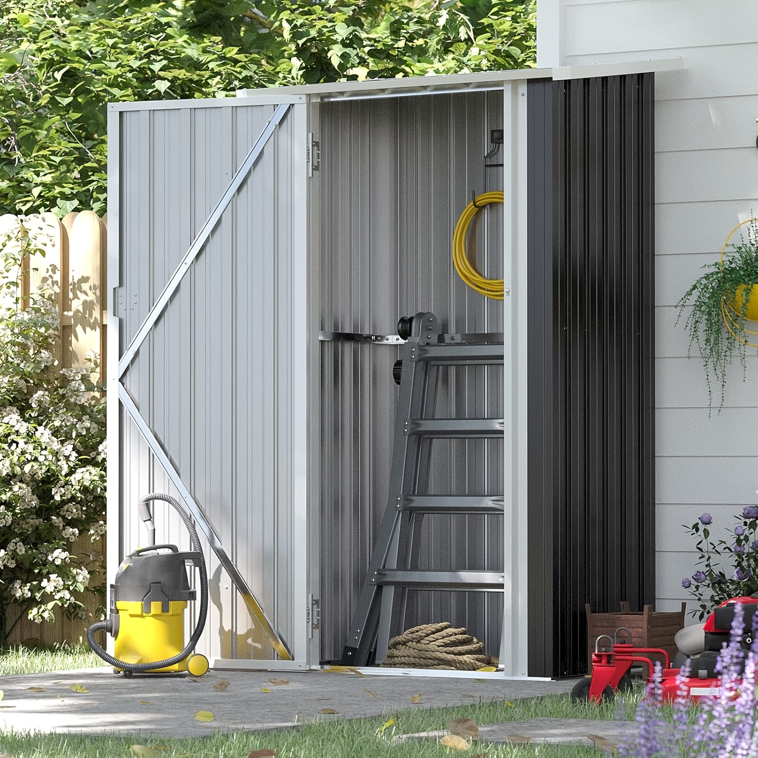 Image of Metal Tool Shed 0.92 M², 100 X 103 X 160 Cm, Tool Shed With Pent Roof, Lockable Door, Garden Shed, Outdoor Garden Shed Cabinet For Backyard, Outdoor, Brown, Temporary, Removable