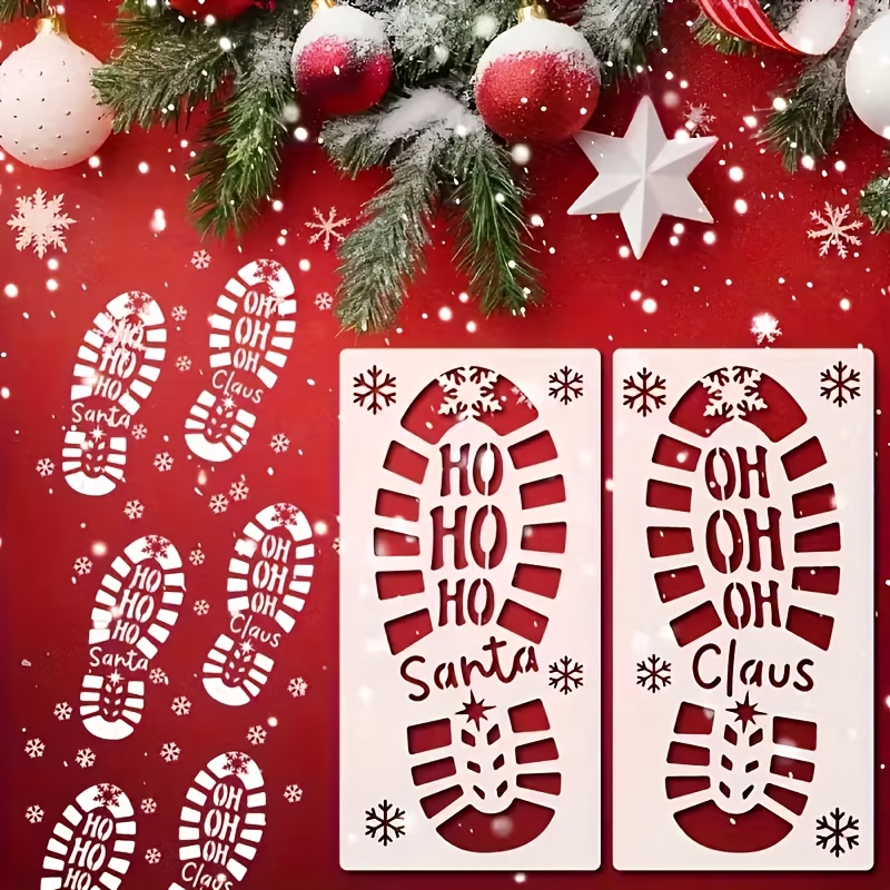 TEMU 2pcs Santa Claus Footprint Stencil Set, Large Christmas Boot And Snowflake Pattern Pet Reusable Wall Painting Templates, Diy Holiday Craft