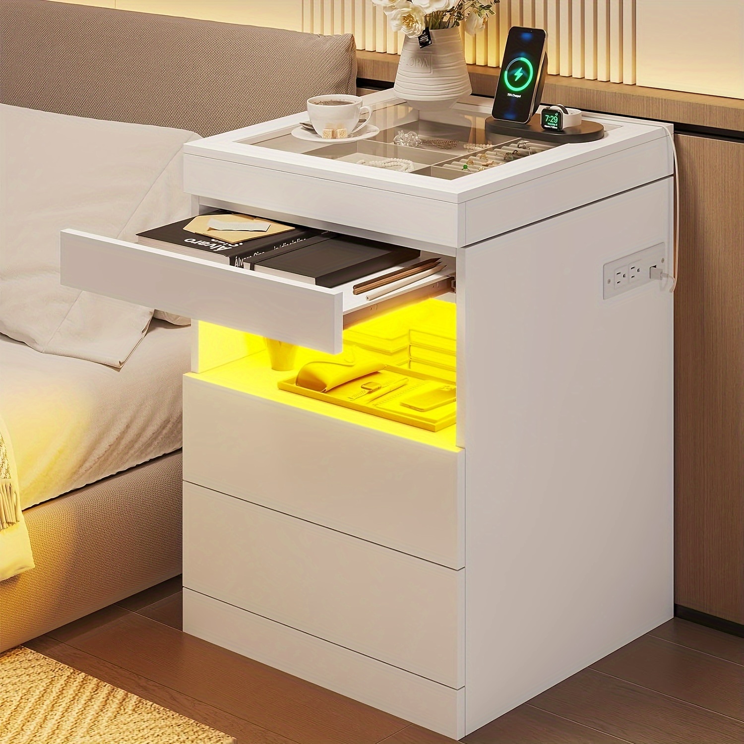 

Nightstand With Led Lights & Charging Station, Bedside Table With 2 Drawers & Glass Top Jewelry Storage & Tray, White