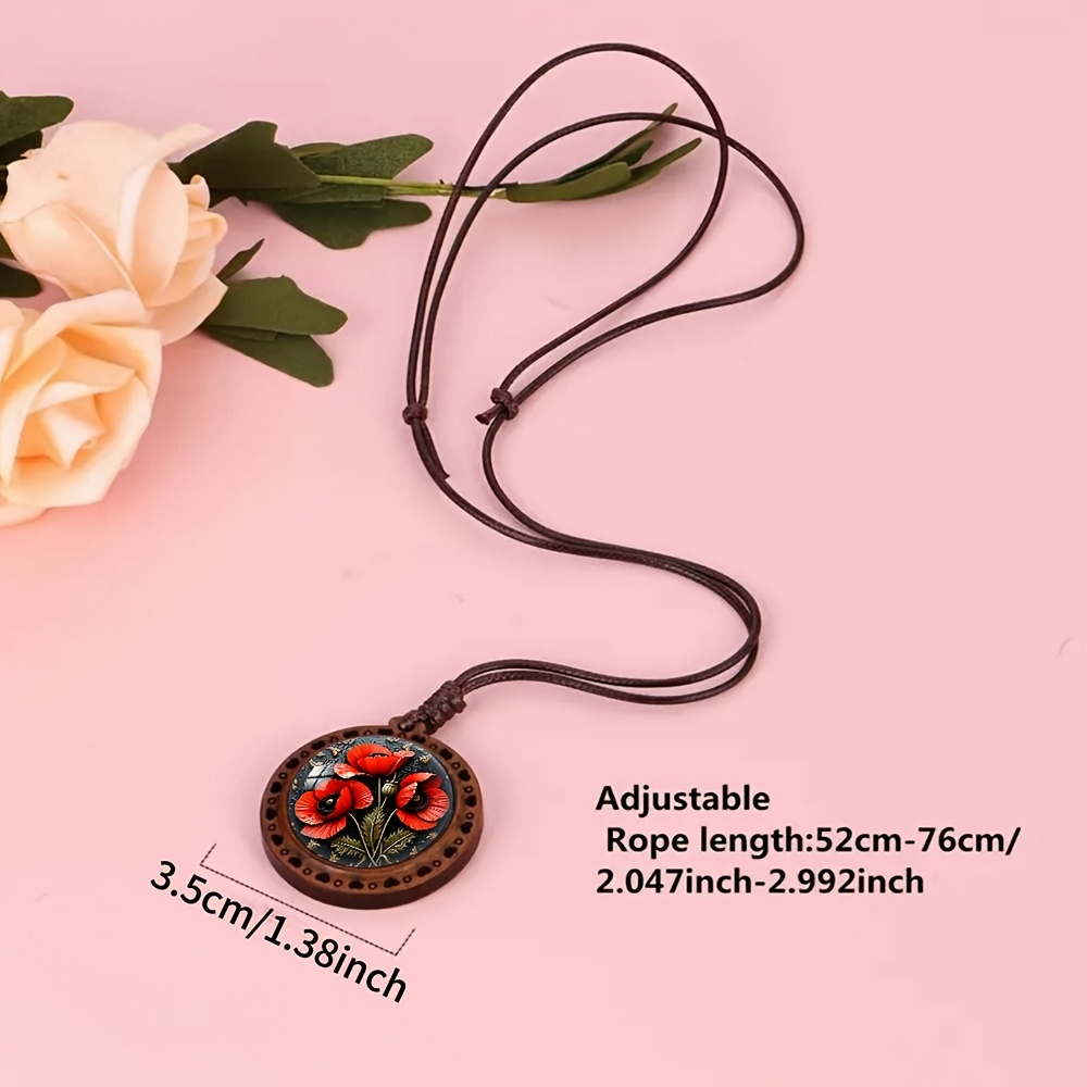 Poppy in Bloom Heart-Shaped Wooden Necklace, Cute Accessory