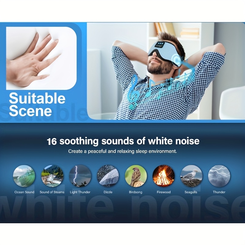 3  sleep mask white noise sleep headphones with 16 white noise options 100 light blocking long   usb rechargeable   storage bag call function timer ideal for travelers   in black light blue Product details 1