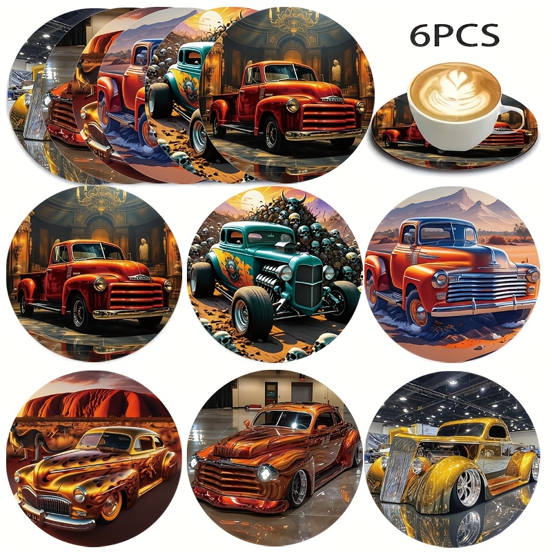 TEMU Set Of 6 Vintage Car Coasters - Slip-resistant And Drink Mats | Elegant And Classic Vehicle Patterns | Ideal For Cave Or Garage Decoration |