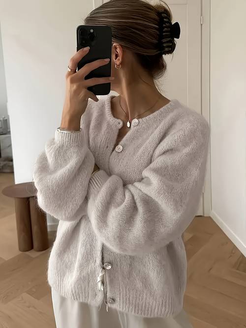 high end oatmeal colored cardigan loose and long sleeved round neck sweater coat french lazy style soft and top warm and insulated solid color versatile outerwear minimalist boutique top soft and jacket