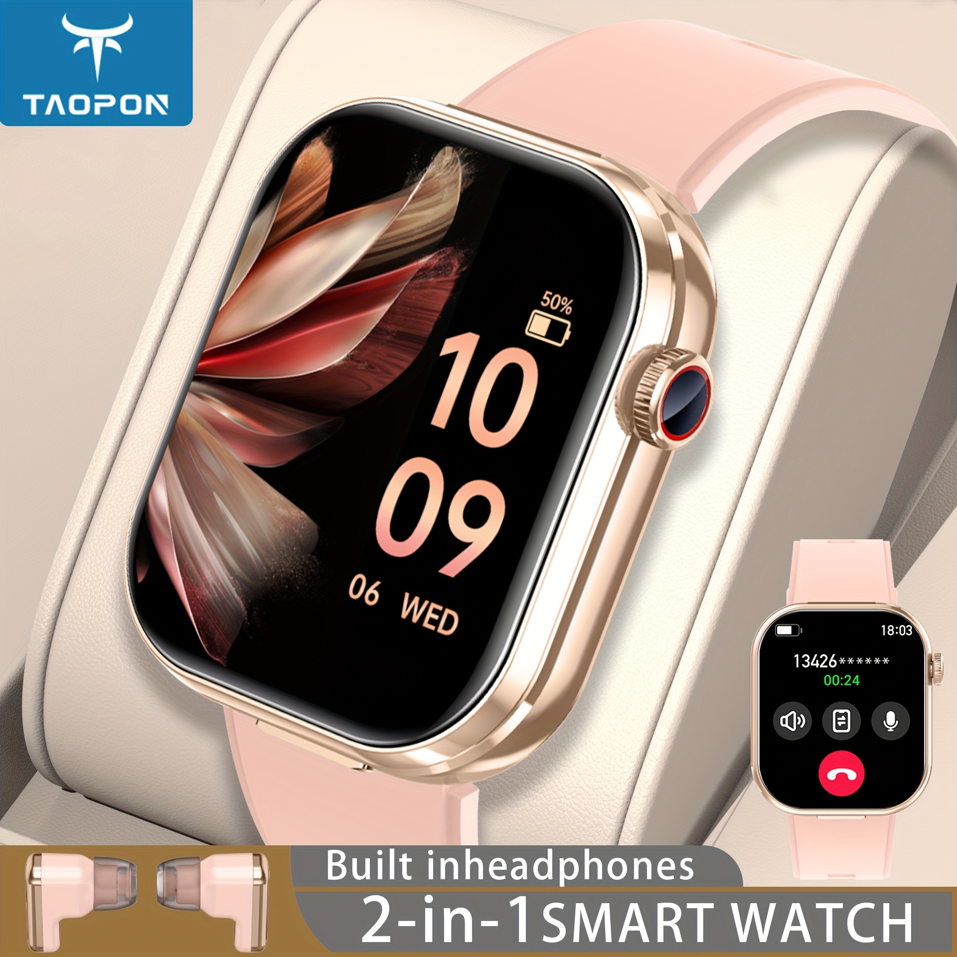 The Taopon "-in-1 Smart Watch With Tws Earbuds" Boasts A 2.02-inch Hd Display, Enables Call Answering And Making, Includes A And Music Control, Tracks And Steps, And 100 Sports