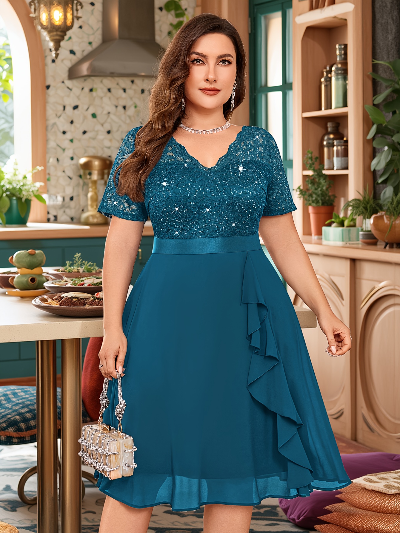 white christmas dresses Plus Size Elegant Shawl Bat-wing Sleeve Chiffon Evening Dresses with A main image 1