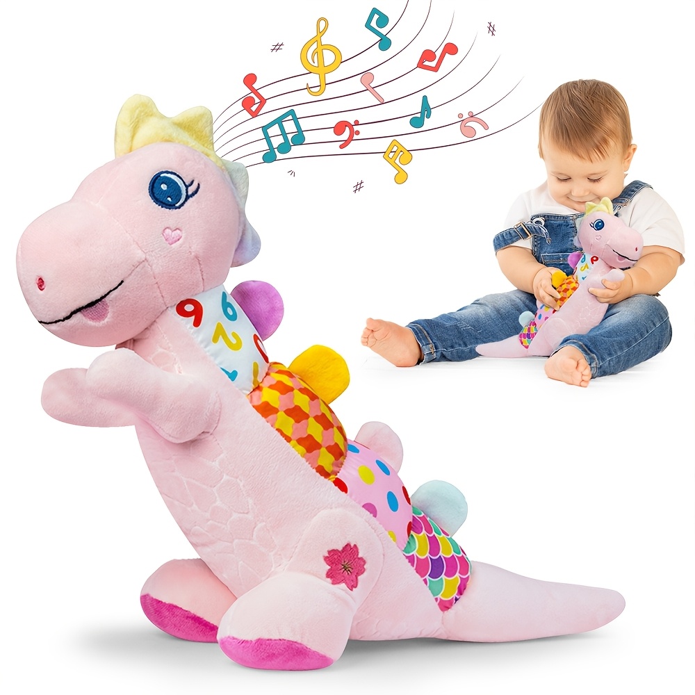 TEMU Musical Plush Stuffed Pink Dinosaur Toy With Teether And Texture, Crinkle , Squeaky, Rattle, Time Toy For 0-3-6-12+ Months, Great As Christmas,
