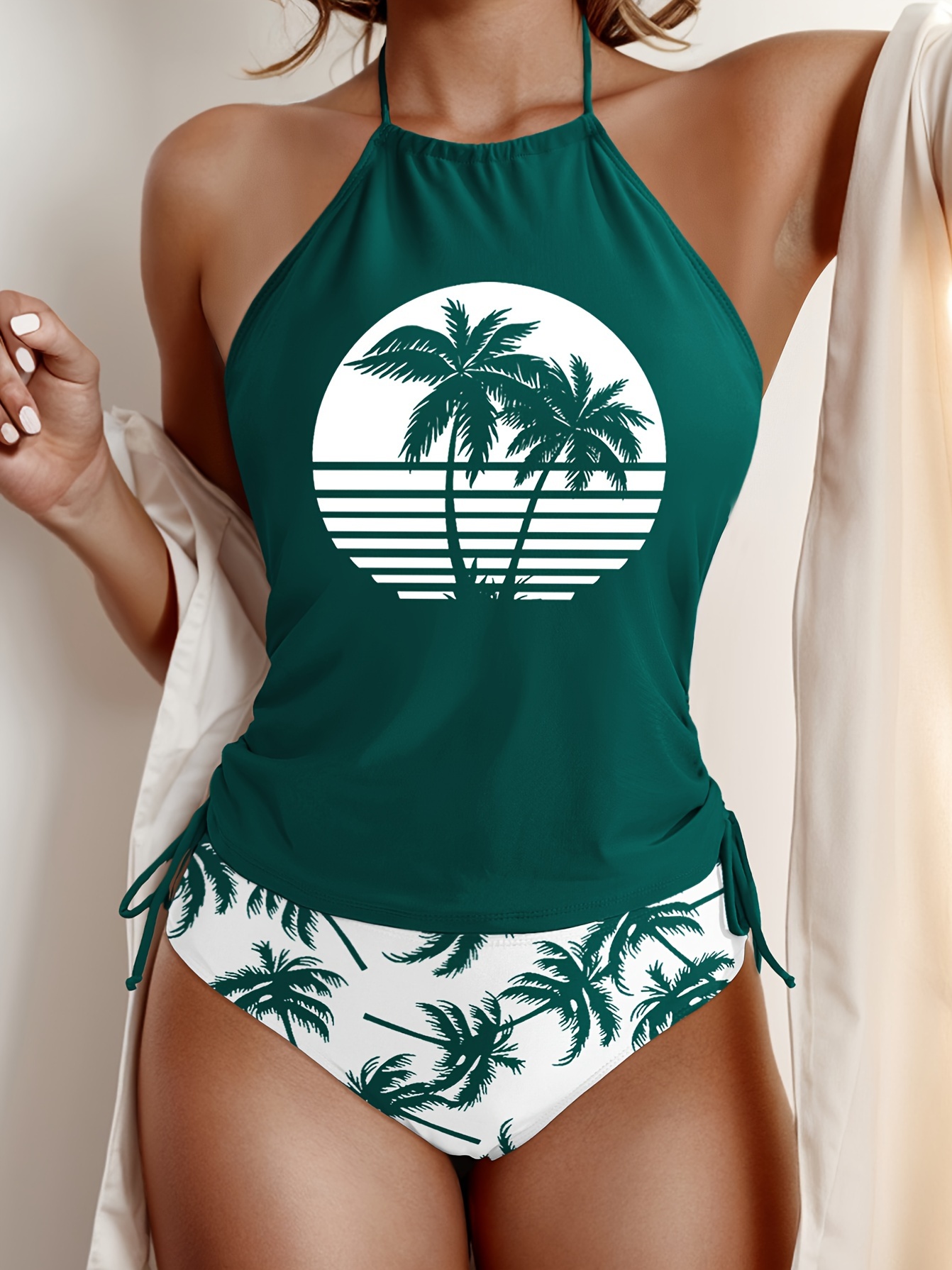 Coconut Tree Set Pattern Drawstring 2pcs Set Swimsuit, Halter Tie Neck Backless Stretchy Low Waist Bathing Suit for Beach Pool, Women'S Swimwear & Clothing