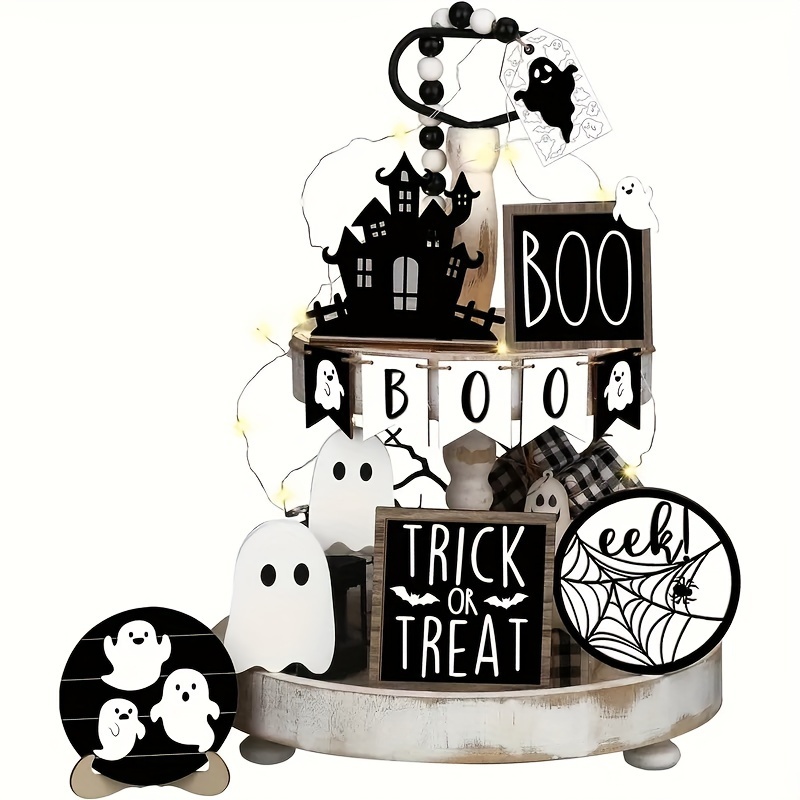 

Charming Halloween Tiered Tray Decor Set - Rustic Farmhouse Style With Cute Ghost Wooden Signs, Perfect For Home & Kitchen Parties Halloween Home Decor Halloween Table Decor