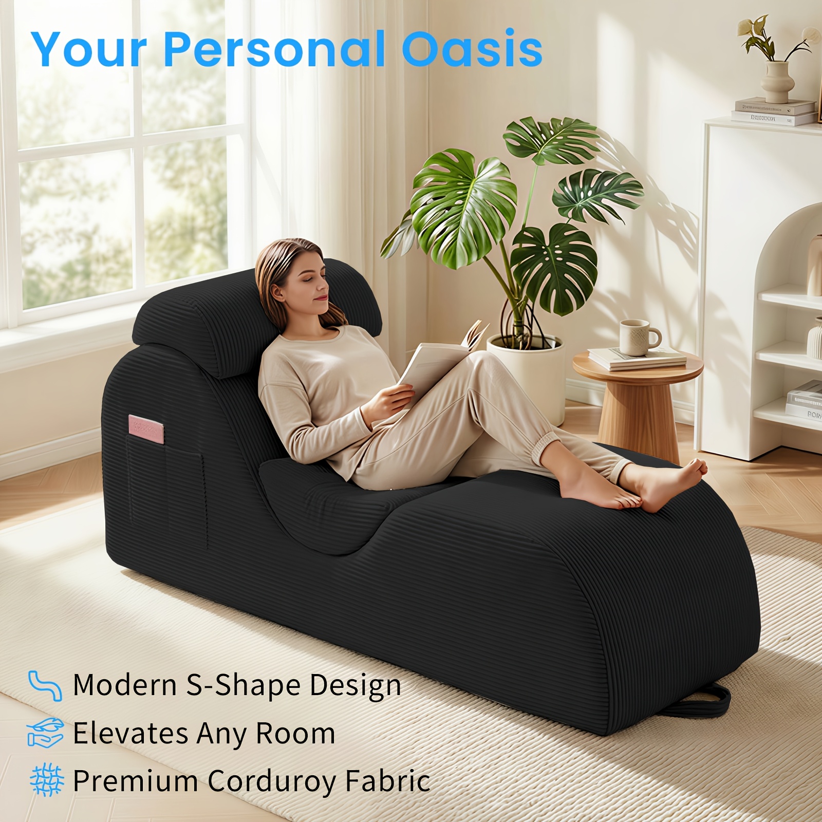 Striped Adult Yoga Chair, Indoor Toilet Chair with Side Pockets, Headrest, Lumbar Cushion, Movable Footrest, Curved Yoga Sofa for Relaxing And Stretching in Bedroom, Black
