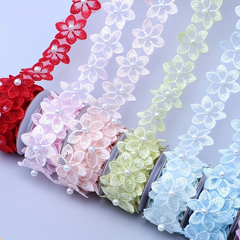 

Exquisite Beaded Floral Lace Trim Embroidered Ribbon For Wedding Decor, Diy Sewing, Crafts & Clothing Accessories - 1 Yard Length, Available In White, Red, Black, Ivory, Pink, And Blue - Vanstan Brand