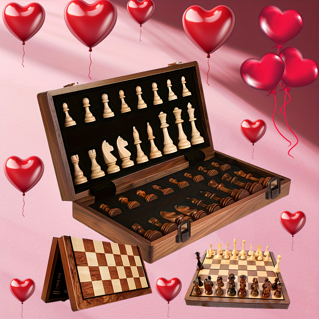 

Deluxe 15"x15" Solid Wood Chess Set - Premium Folding Design With Walnut Board, Pieces, And Internal Storage Box - Ideal For , Valentine's Day Gift, Chess Board Set