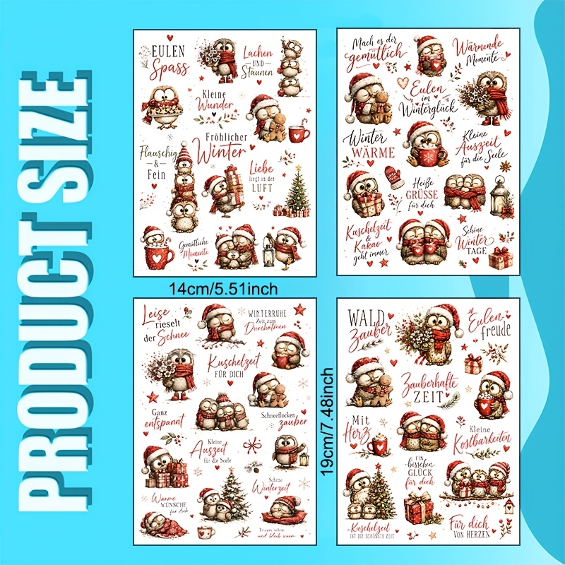 TEMU 4er-Set Deutsche Winter Weihnachts Eule UV Transfer, Niedliche Eulen mit Weihnachtsmützen und Stricktüchern, Halten Lebkuchenpuppen und heiße