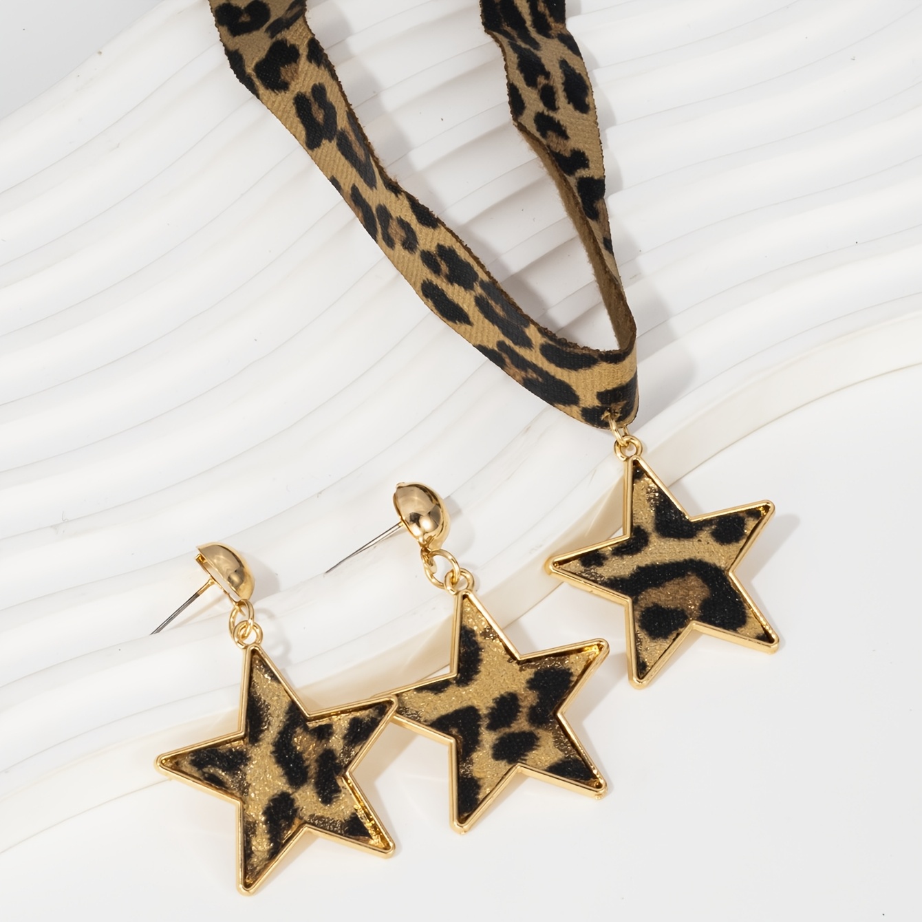 TEMU 2pcs Women's Autumn Winter Leopard Print Jewelry Set, Star Earrings And Leopard Ribbon Star Pendant Necklace, Individual , Suitable For Daily