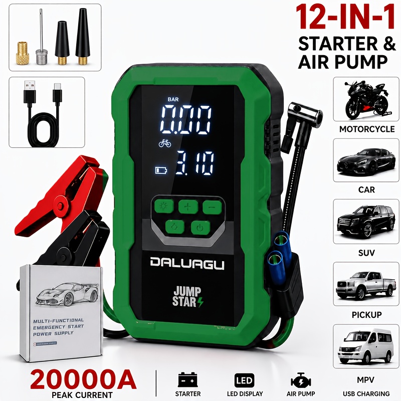 TEMU Car Emergency Supply, 20000a With Tire Inflation Pump, 12 In 1 Lightweight Portable, With Led High-definition Screen, Usb Fast Charging, Led