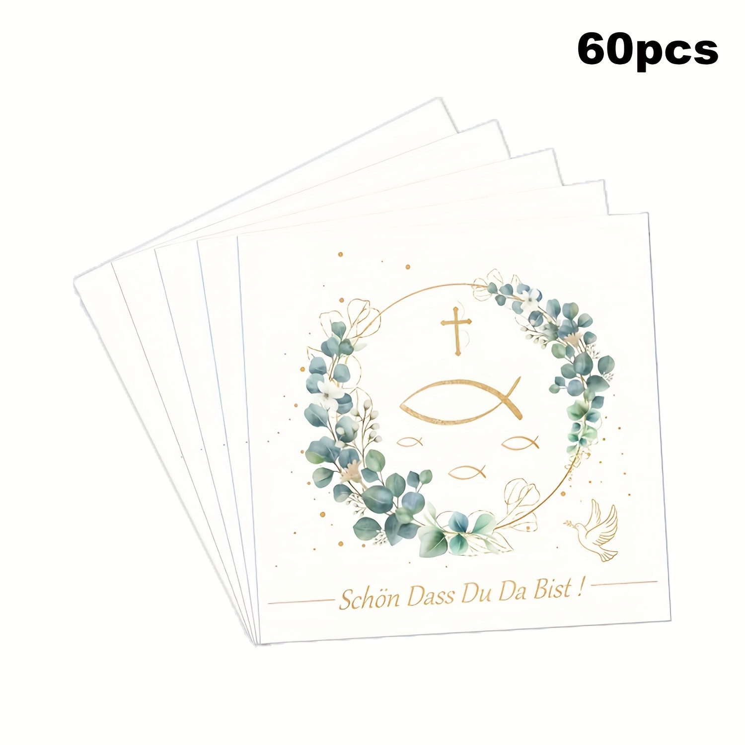 Image of 60pcs, 33*33cm/13*13in, Disposable Cross Eucalyptus Fish Baptism Theme Party Napkins For Themed Parties And Everyday Use, Enhancing Festive Atmosphere
