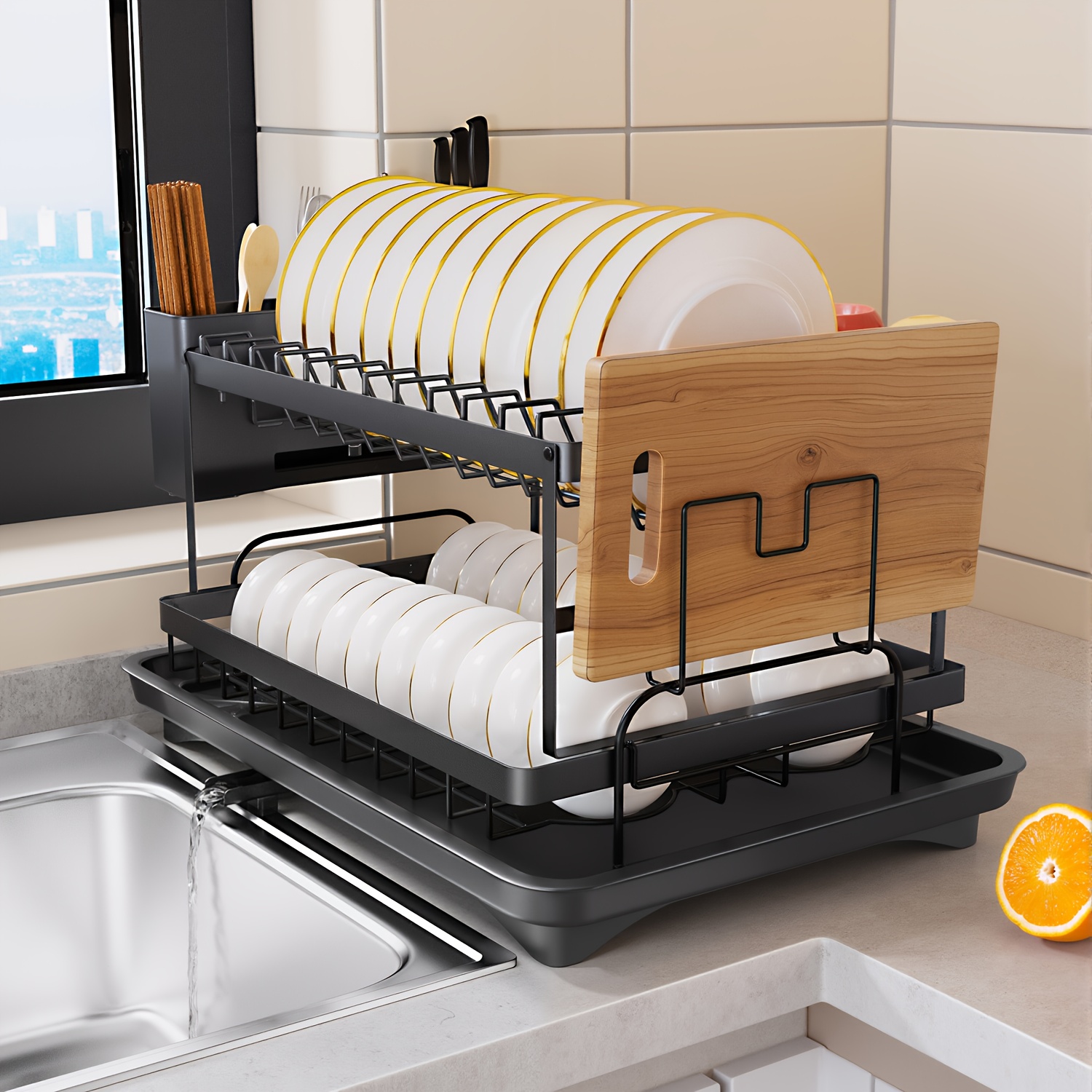 Image of Black 2-tier Dish Drying Rack Featuring A Cup Holder, Cutlery Basket, And Chopping Board Rack | Includes A Rotatable Drain Pipe Made Of Durable Carbon Steel, Measuring 42×30×30cm