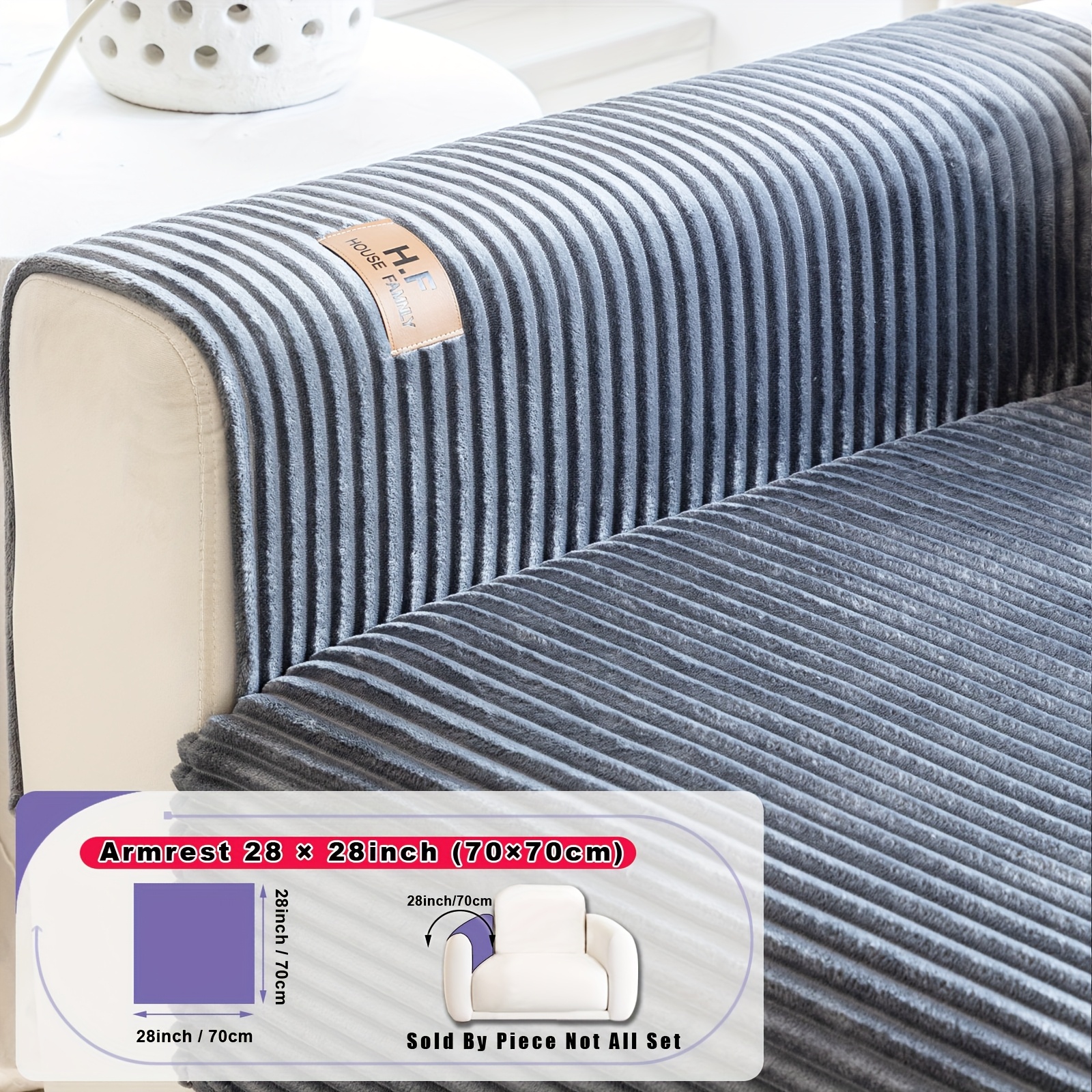 TEMU 1pc Hf Modern Plush Flannel Sofa Cushion Cover - Pet-friendly Non-slip Sofa Protector With Striped Design & Leather-like Patches, Machine