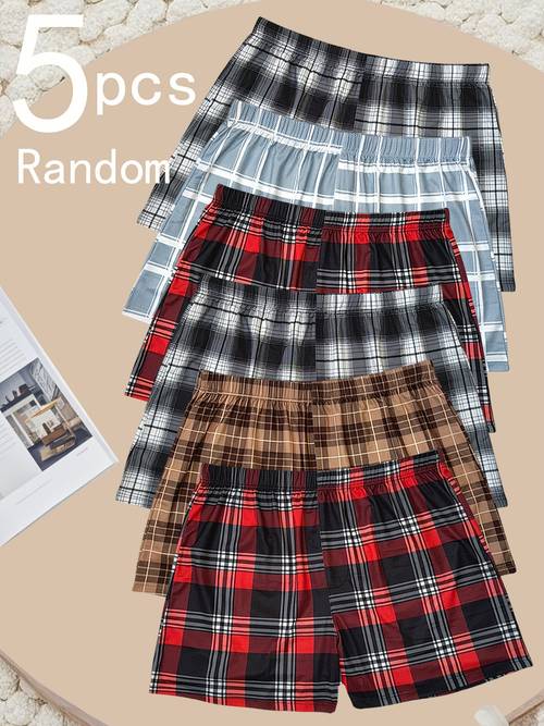 random 5pcs set of plaid mens flat front shorts comfortable classic fashion breathable and suitable for