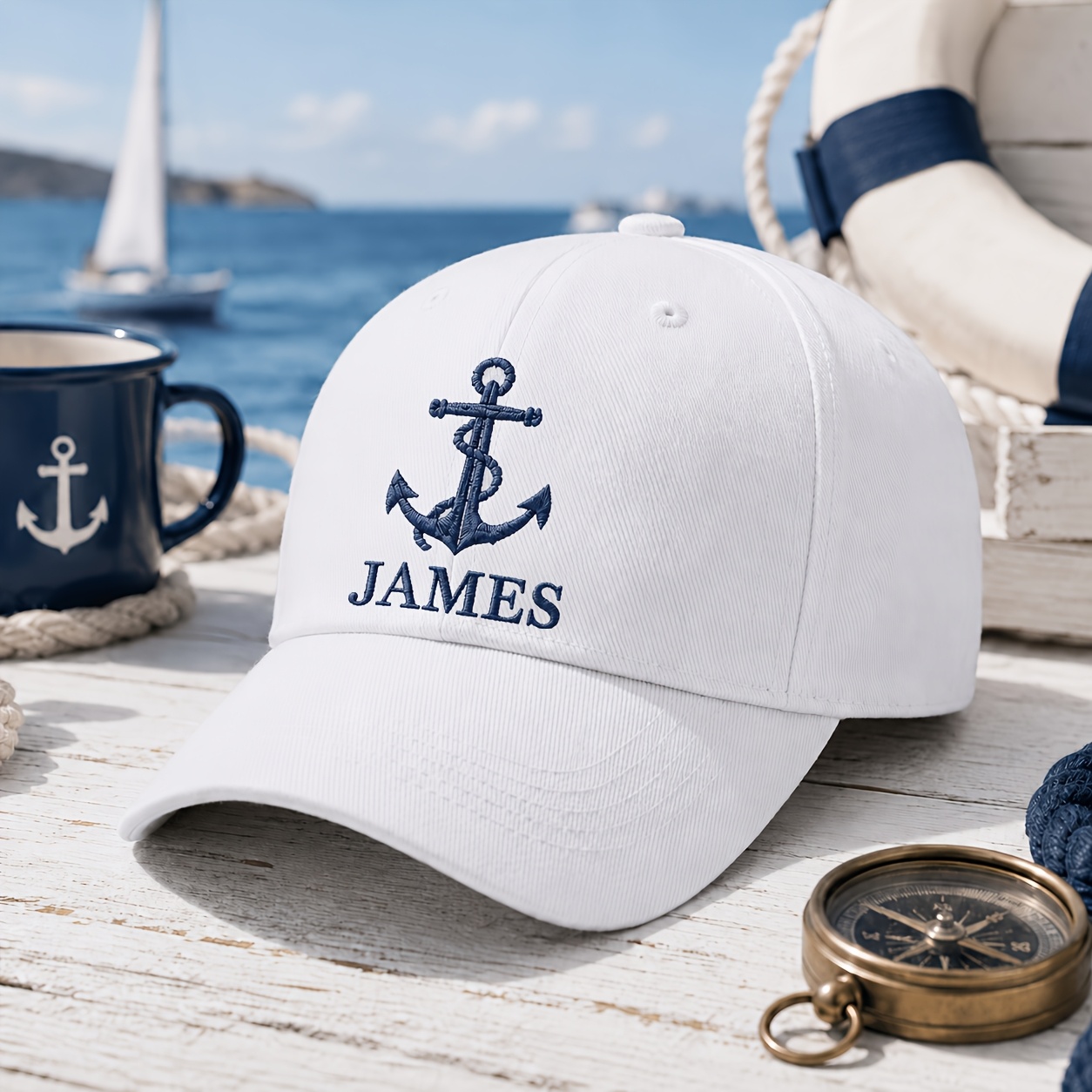 TEMU 1pc Personalized Nautical Anchor Pattern Embroidered Baseball Cap, Custom Name Embroidery Curved Brim Dad Hat, Maritime Sailing Beach Outdoor