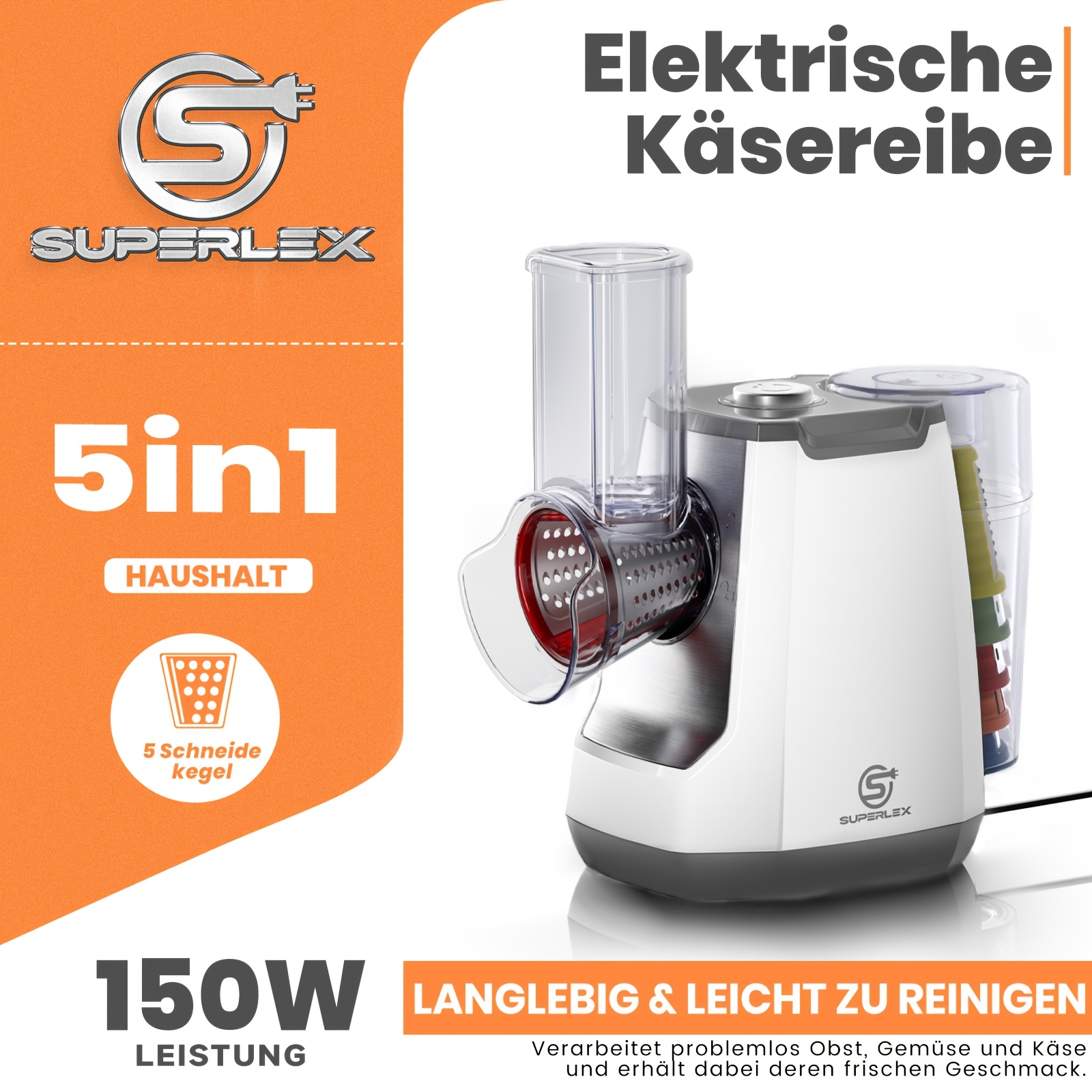 Image of Superlex 150w Multifunctional Electric Cheese Grater, Large Stainless Steel 5-blade Vegetable Fruit Slicer , Easy Clean Dishwasher Safe Household Food Processor