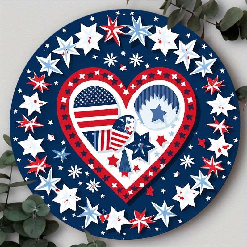 

1pc 8x8inch/20*20cm Aluminum Metal Sign Valentine's Day Sign, 4th Of July Independence Day Round Metal Wreath Sign Suitable For Various Scenarios