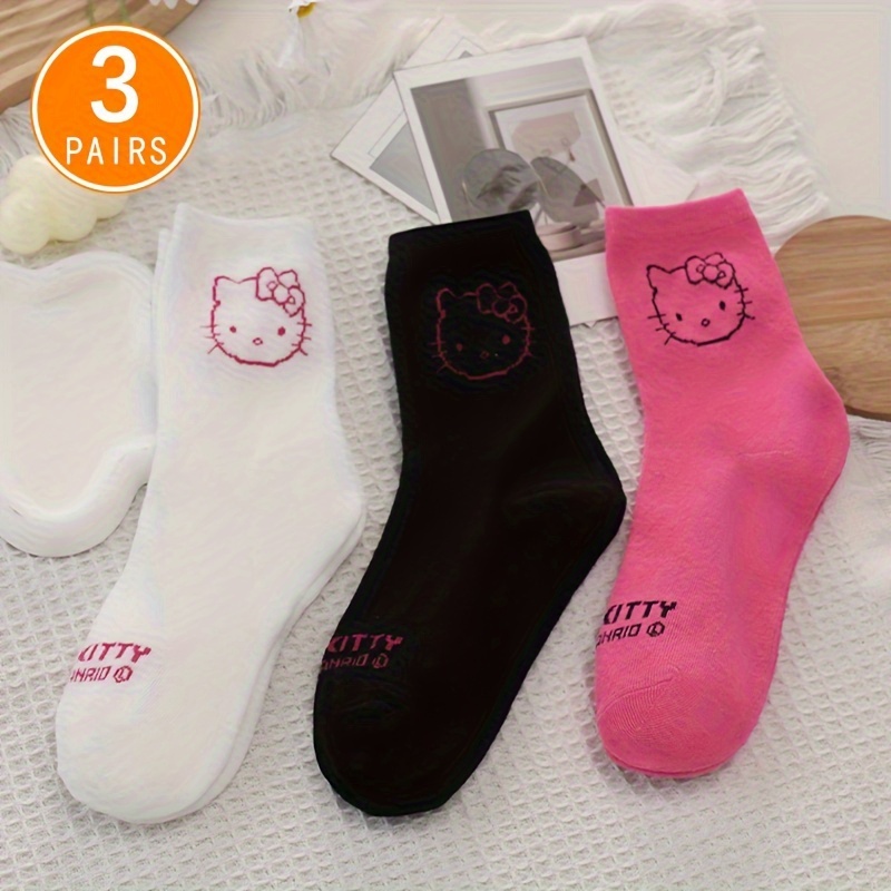 

3 Pairs Hello Kitty Socks, Cute & Soft Japanese Style Mid Tube Socks, Women's Stockings & Hosiery