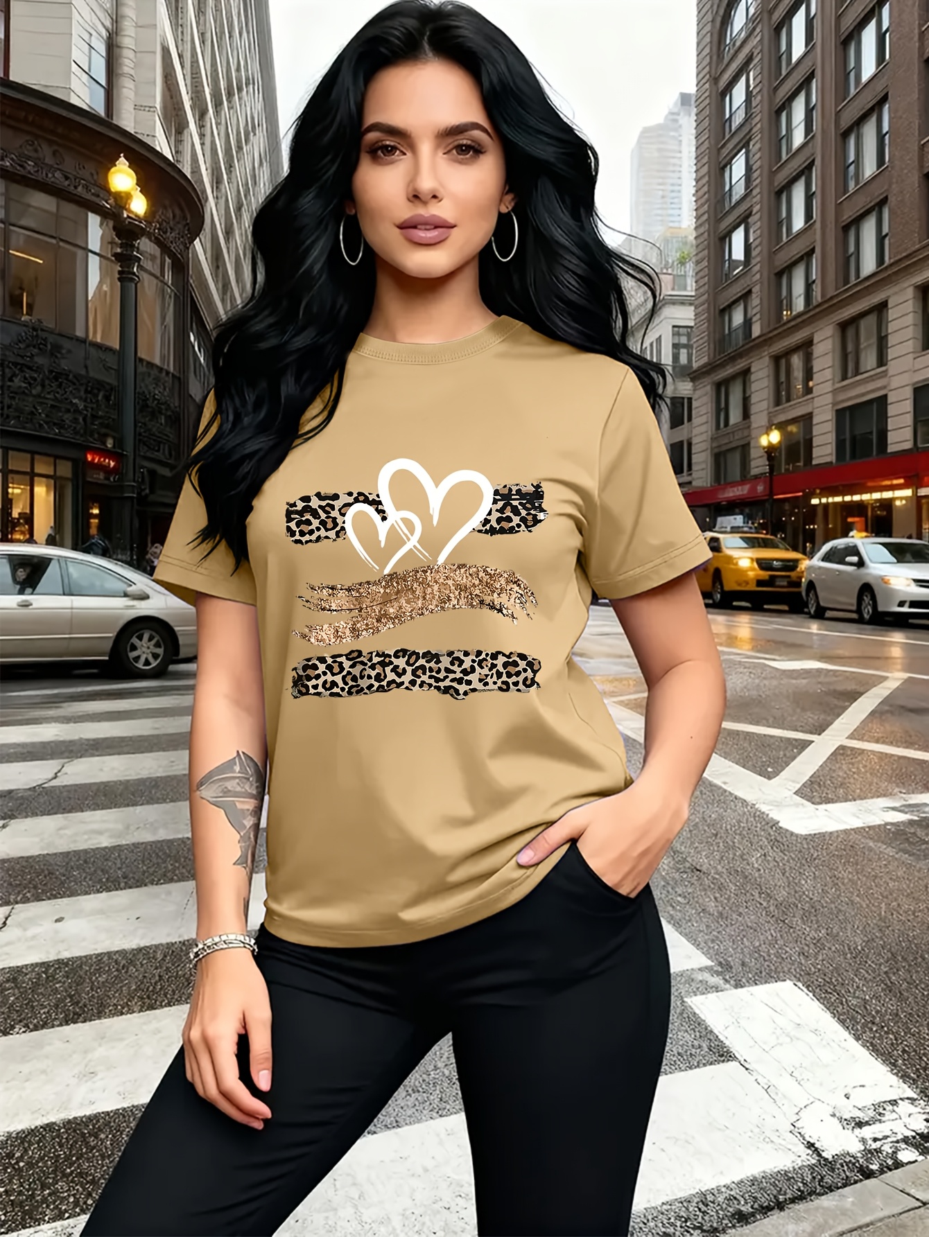Leopard Print Heart Glitter-themed Pattern Print, Fashionable Breathable T-shirt, for Family Travel,, Casual S, Daily Commutes, Matching Outfits for Sisters, Versatile T-shirt 30057