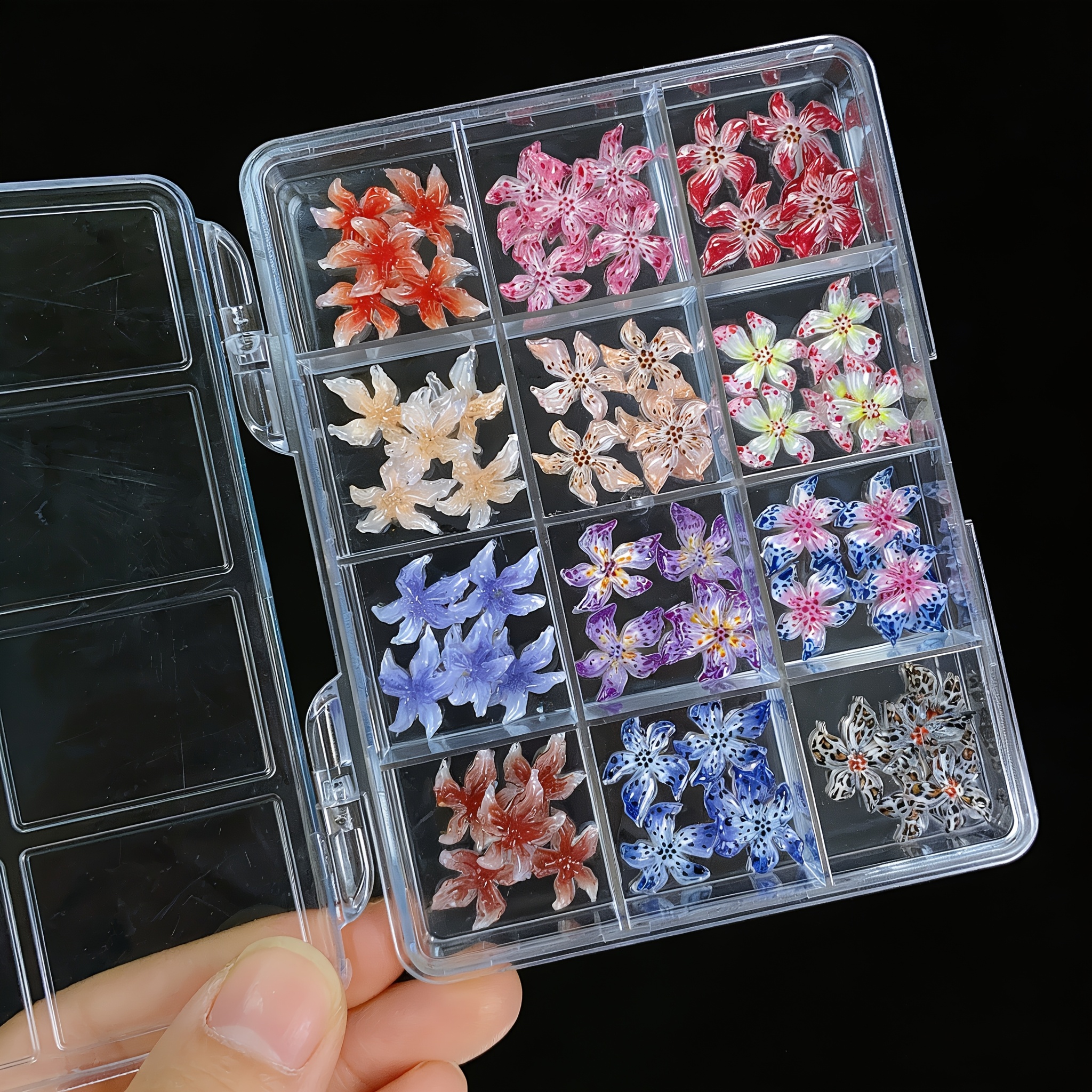 TEMU Set Of 60 3d Nail Charms Featuring Lily And Hibiscus Flowers In 12 Different Colors, Perfect For Nail Art. Adjustable Acrylic Charms Are Ideal