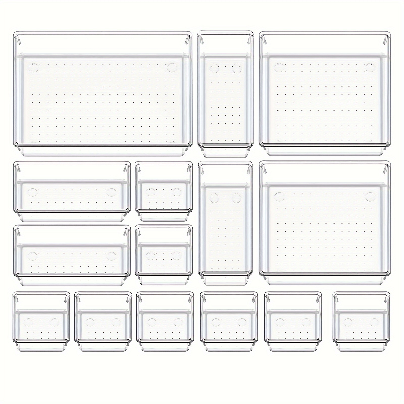 

15pcs Clear Plastic Drawer Organizers, Drawer Organizer Bins With Non-slip Pads For Makeup, Jewelry, Vanity, Bathroom, Kitchen Gadgets Utensils & Office Desk. 4-size Bathroom Drawer Organizer Trays.