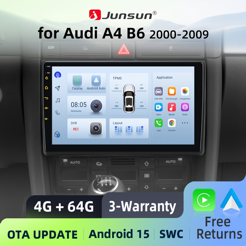 JUNSUN 9-palčni radio 15, 4 jedra, 4G+64G, brezžični Carplay Auto GPS navigacija, WIFI FM RDS DSP multimedijski radio za Audi A4 B6 2000 2001