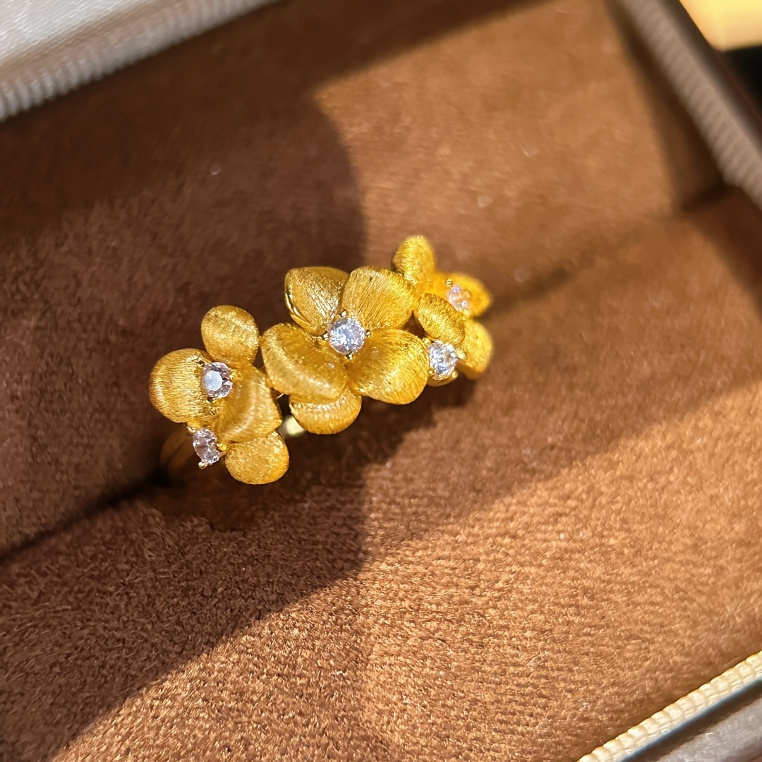 TEMU 1pc; Copper; Adjustable Open Size, New Chinese-style Golden Brushed Synthetic Synthetic Zirconia Jasmine Flower Ring For Women, Niche Design,