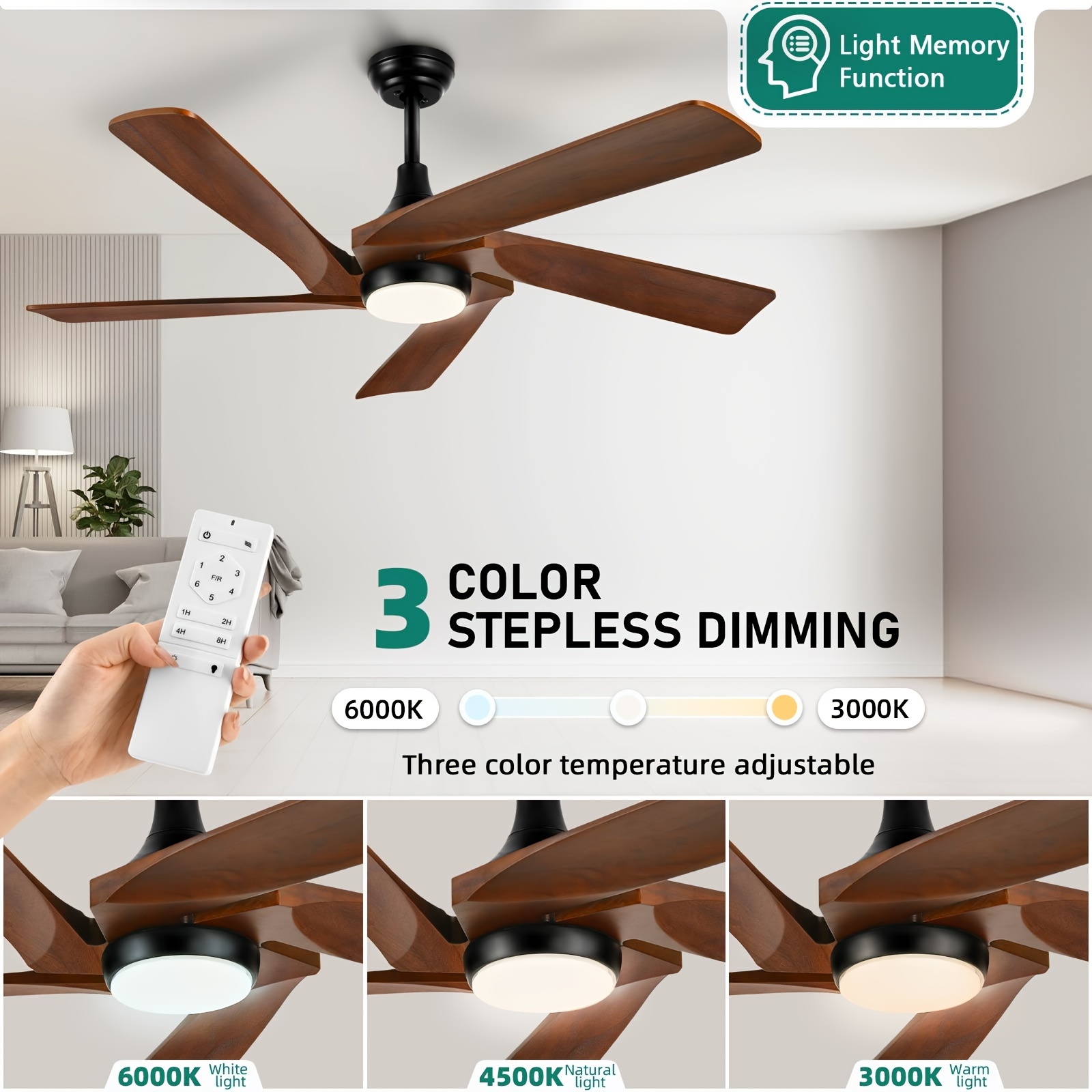 

Dwvo 52 Inch Ceiling Fan With Lights Remote Control, Dimmable 3-color Led Ceiling Fan With 5 Solid Wood Blades, Modern Ceiling Fan For Indoor Outdoor With Reversible Quiet Motor