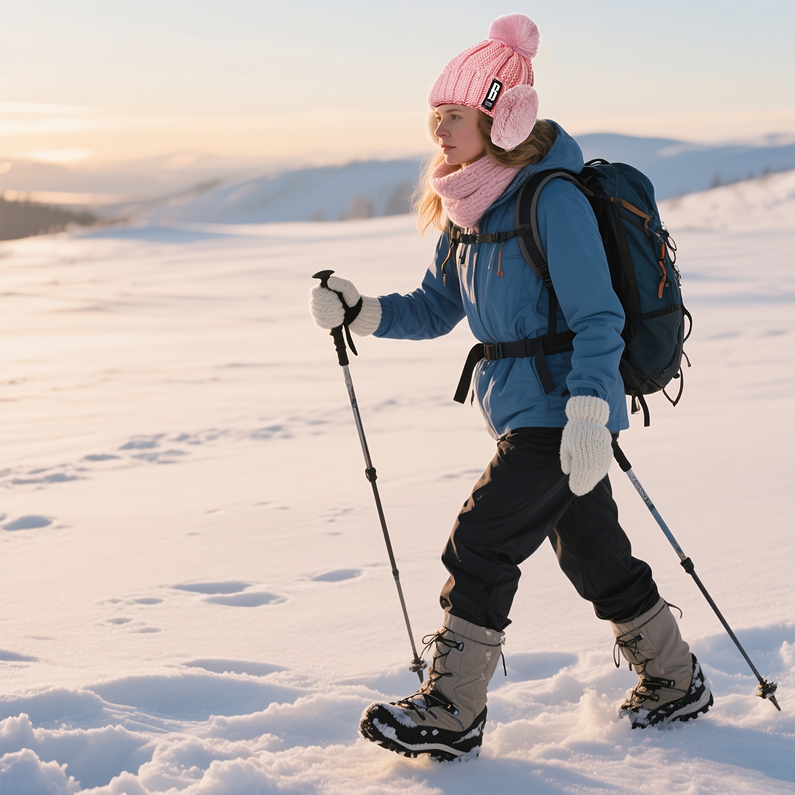 4-delige winterkostuum accessoires set voor vrouwen, gebreide thermische   met pompon, handschoenen en nekwarmer, warme accessoires set voor buiten in sneeuwweer 2