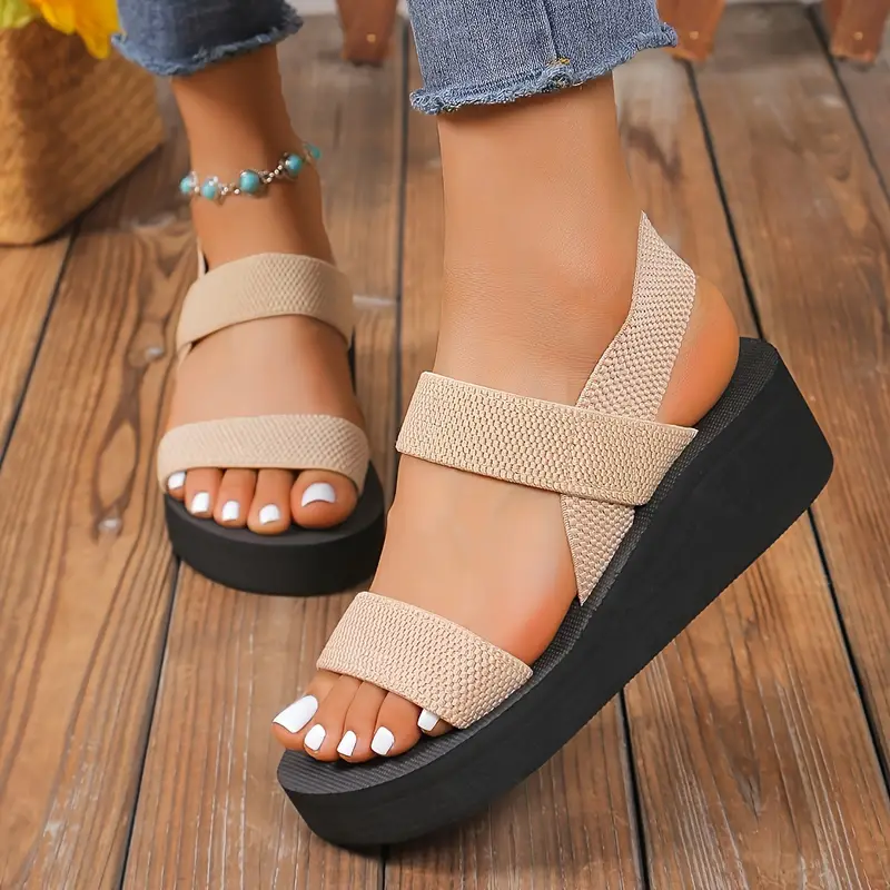 womens solid color casual sandals platform slip on elastic vacation shoes beach sandals Product details 8
