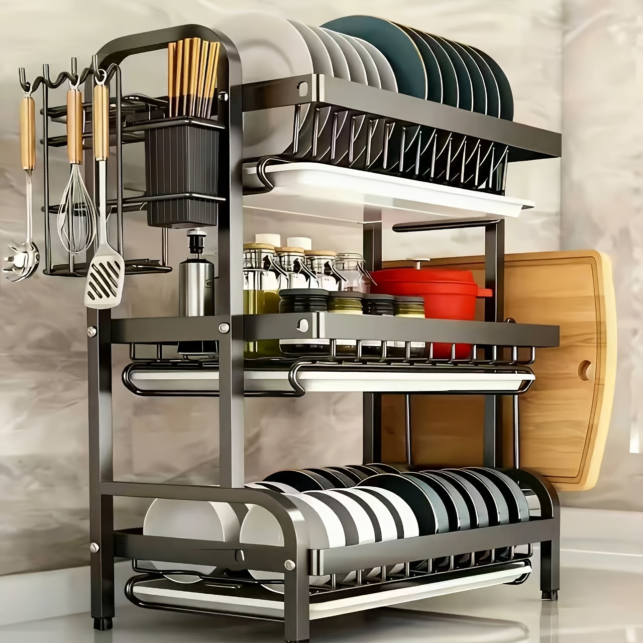 a large three tier kitchen storage rack   draining multi layer storage featuring a cutlery holder a cutting board rack and a countertop drying   versatile dish rack suitable for bowls plates and utensils