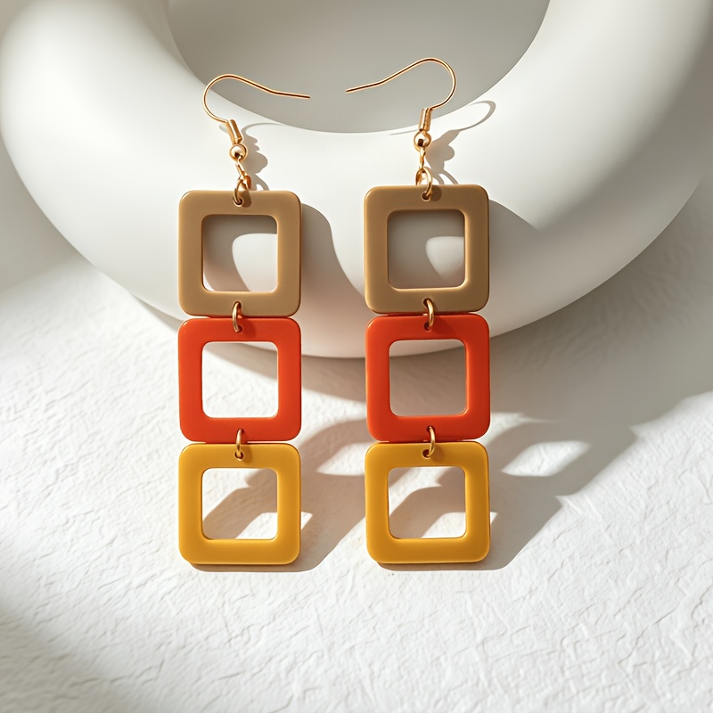 TEMU 1 Par de Pendientes Colgantes Acrílicos para Mujer de Marrón, Naranja y , Cuadrados Huecos, , Elegantes y Versátiles para a Día
